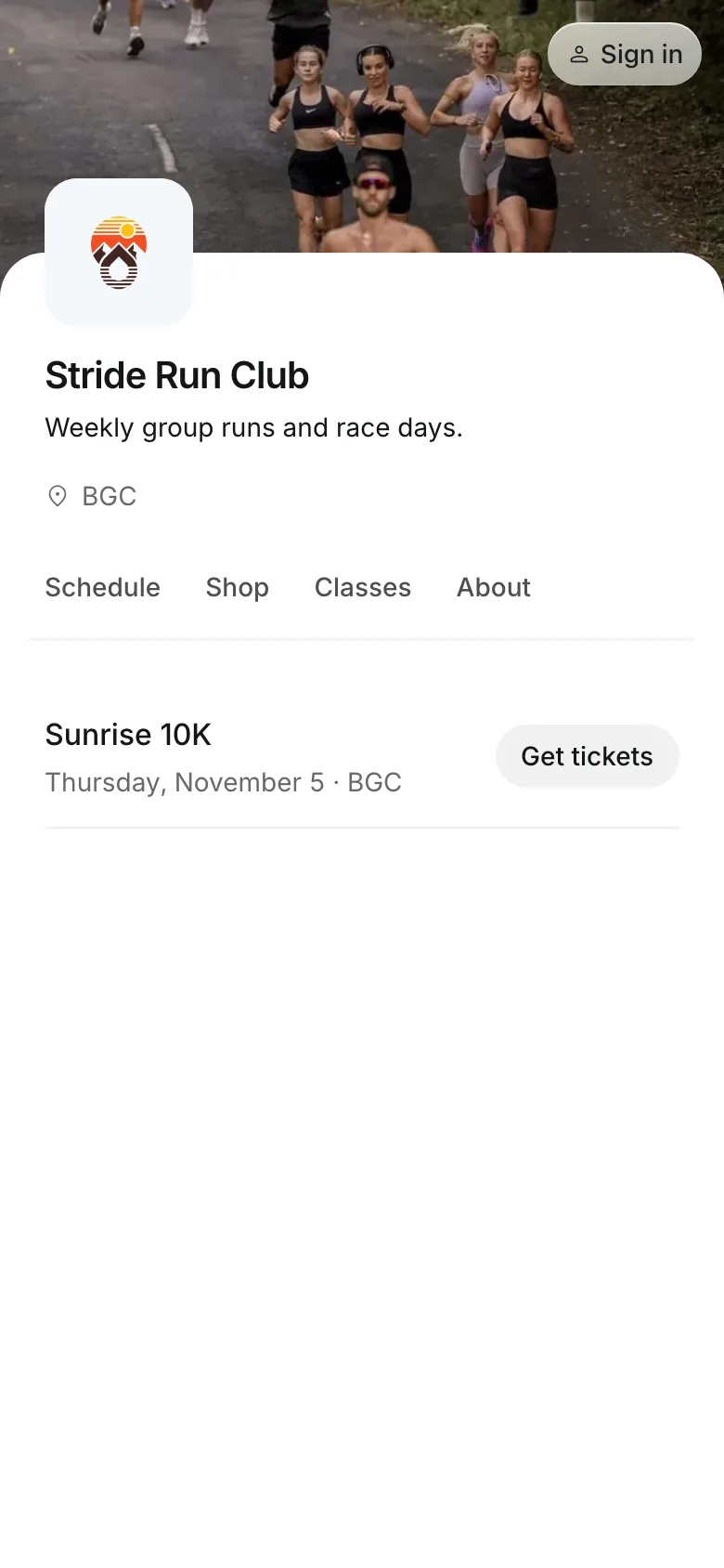 An event on the booking page, with tickets to buy, on a phone