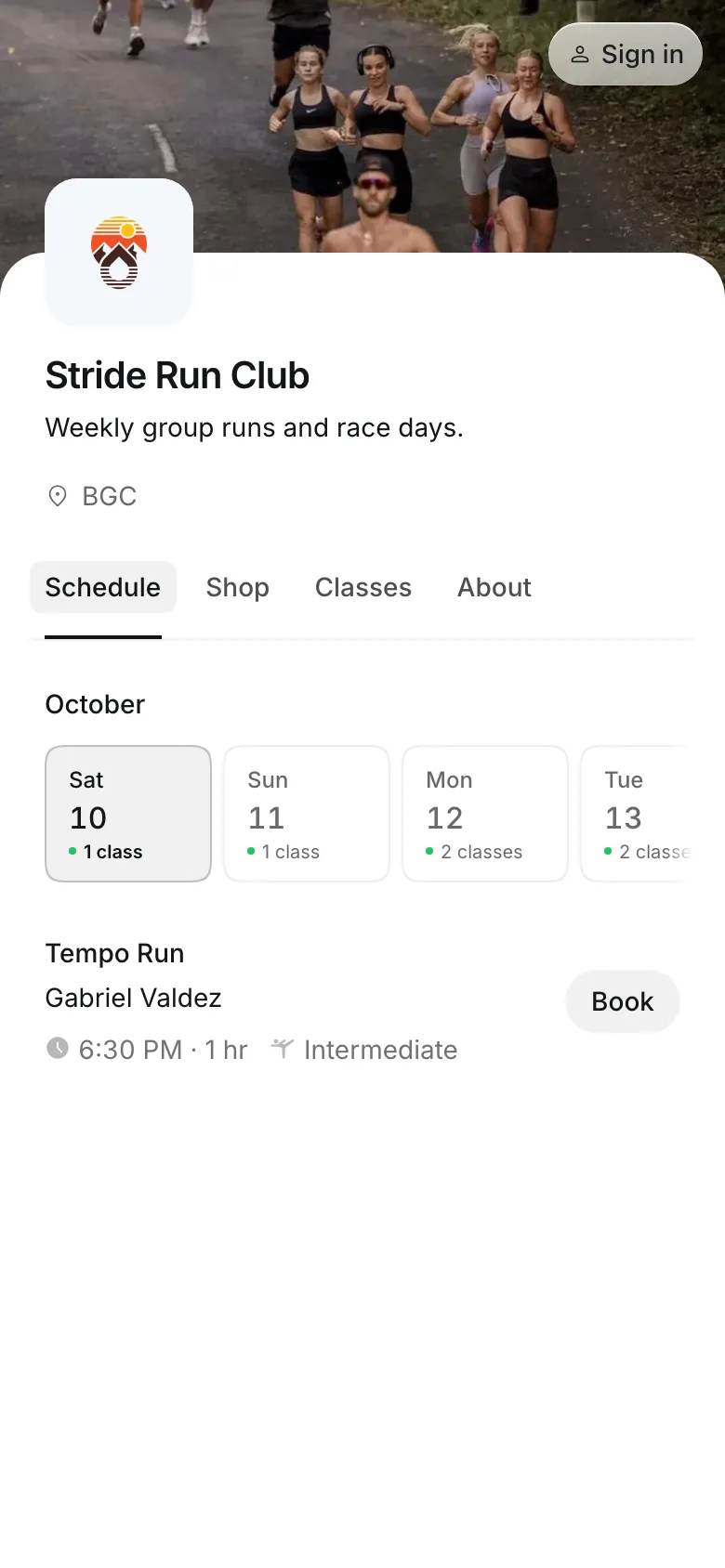The business's booking page on a phone