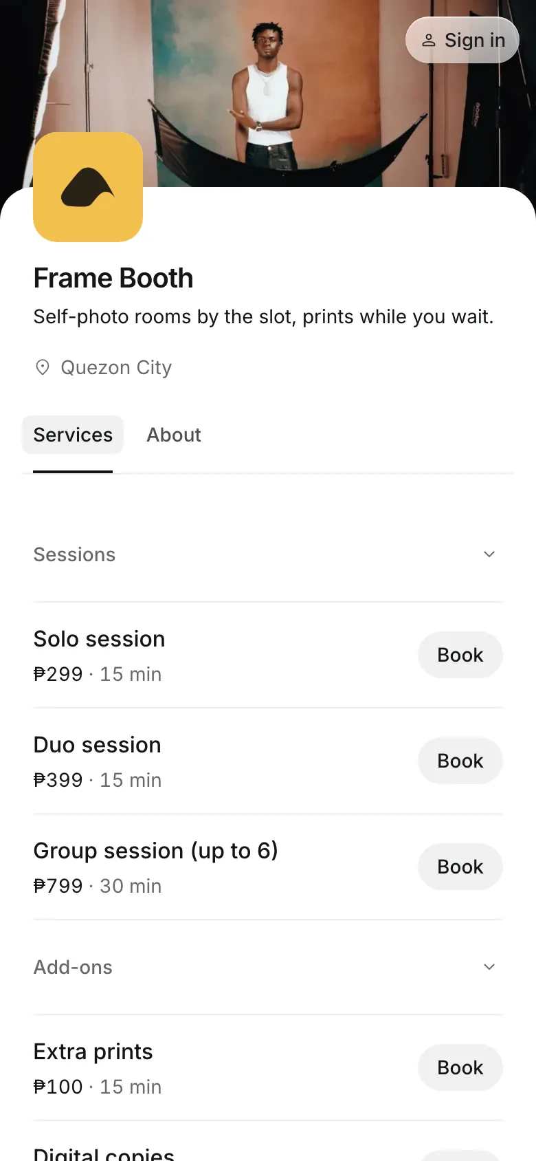 The business's booking page on a phone