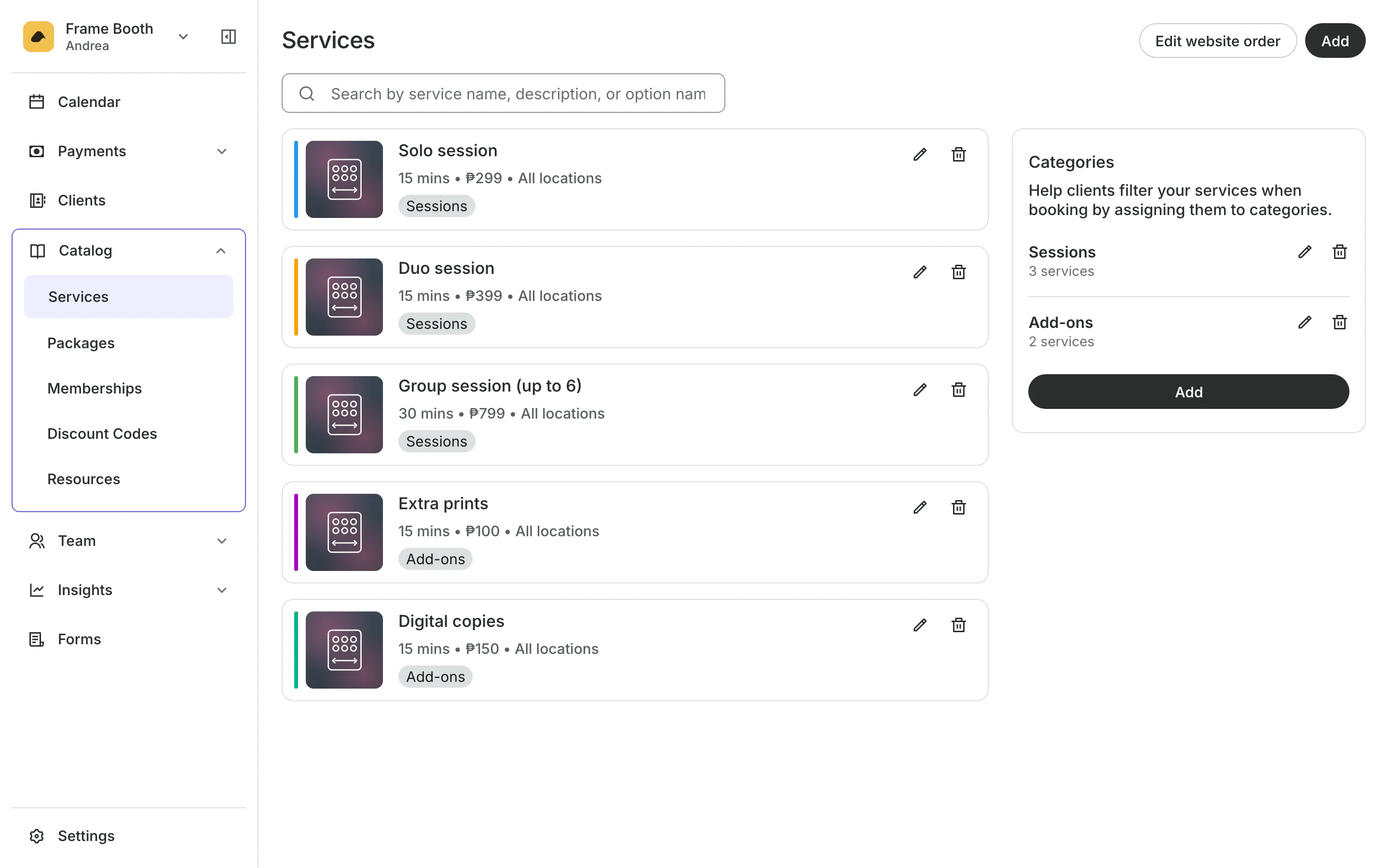 The service menu with each service's price and length