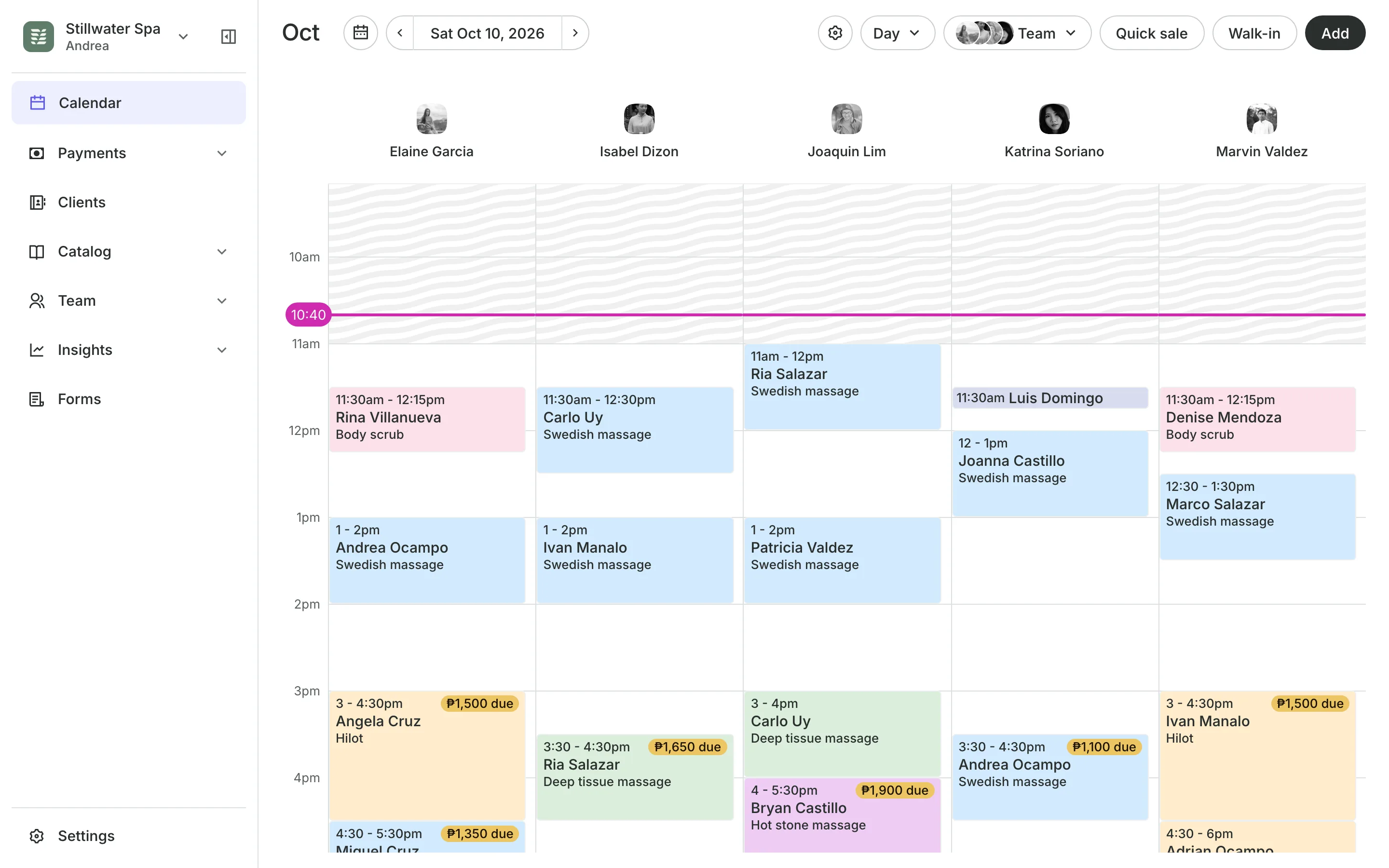The calendar in day view: the team's columns and the day's bookings