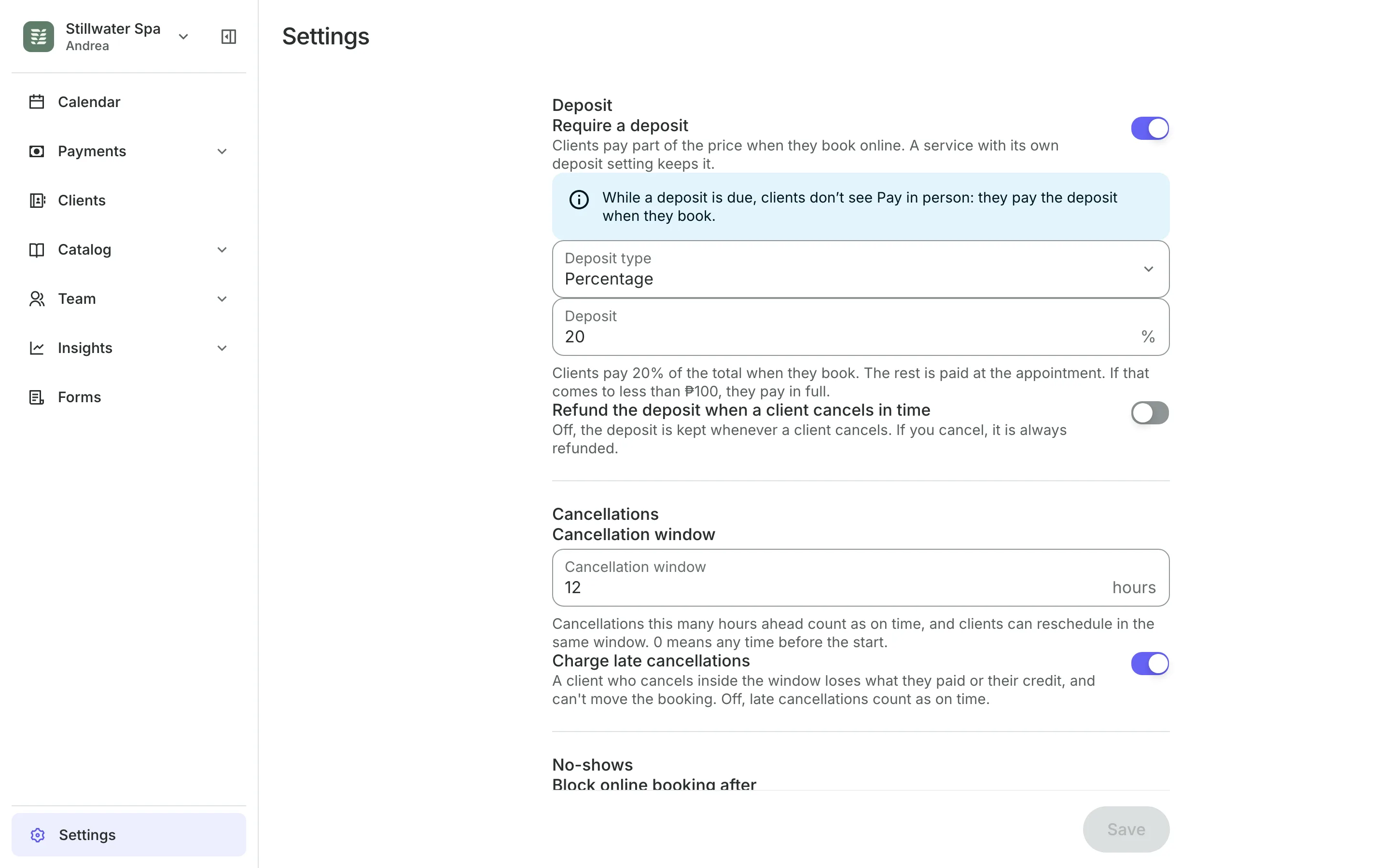 Deposit and cancellation settings: the deposit, the window and what clients see