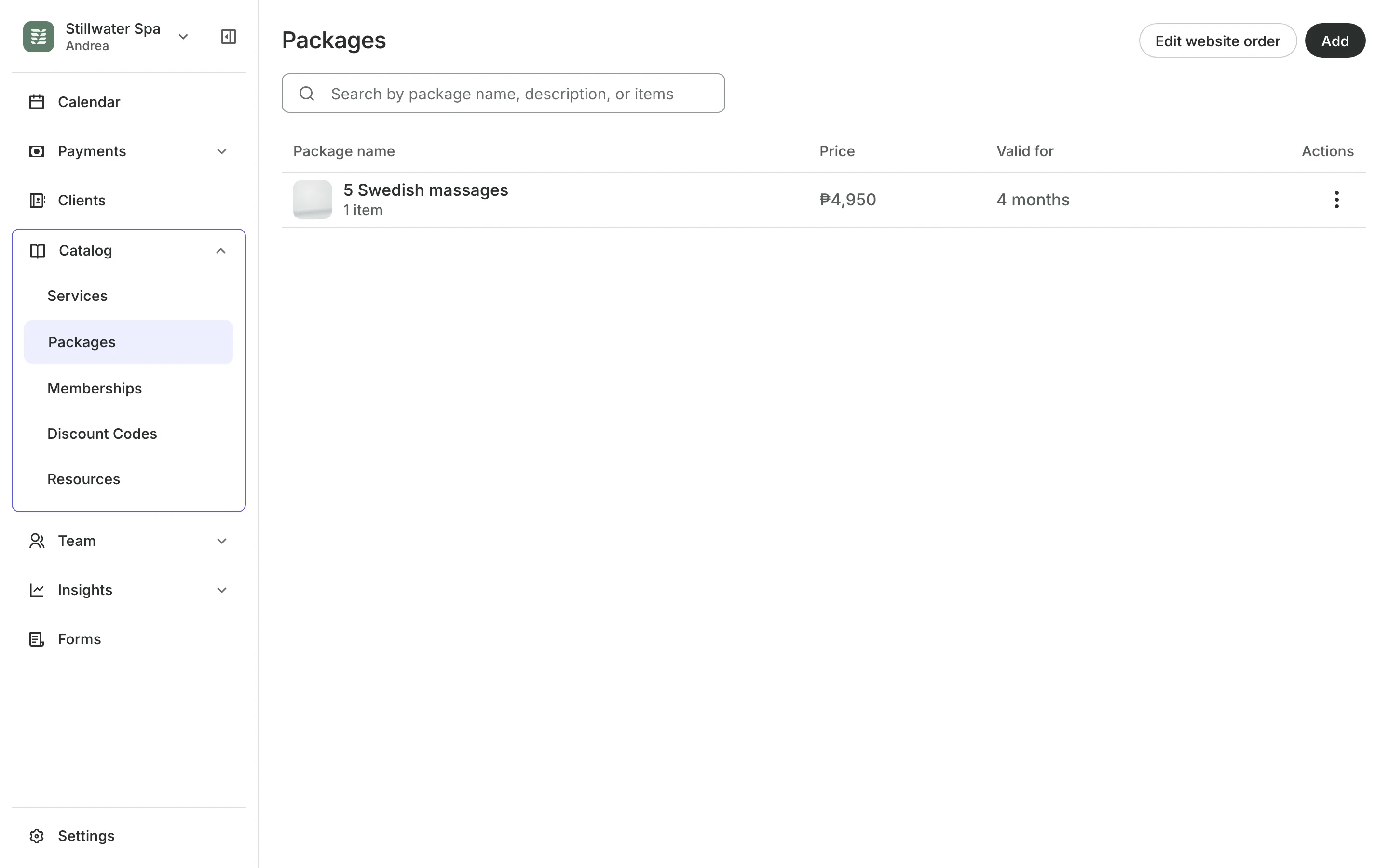 Packages for sale, each with its sessions and price