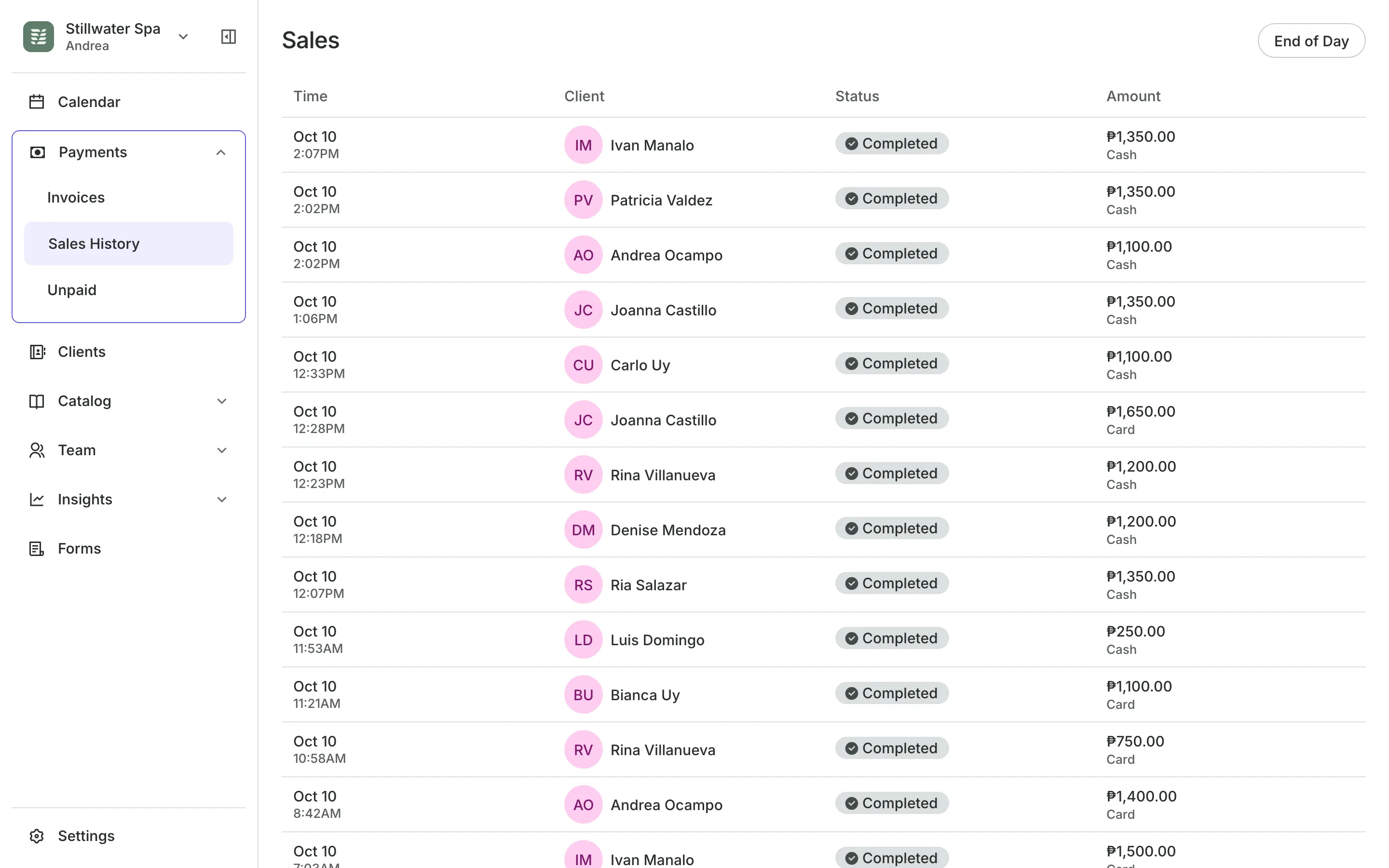 Sales history: every sale and how it was paid