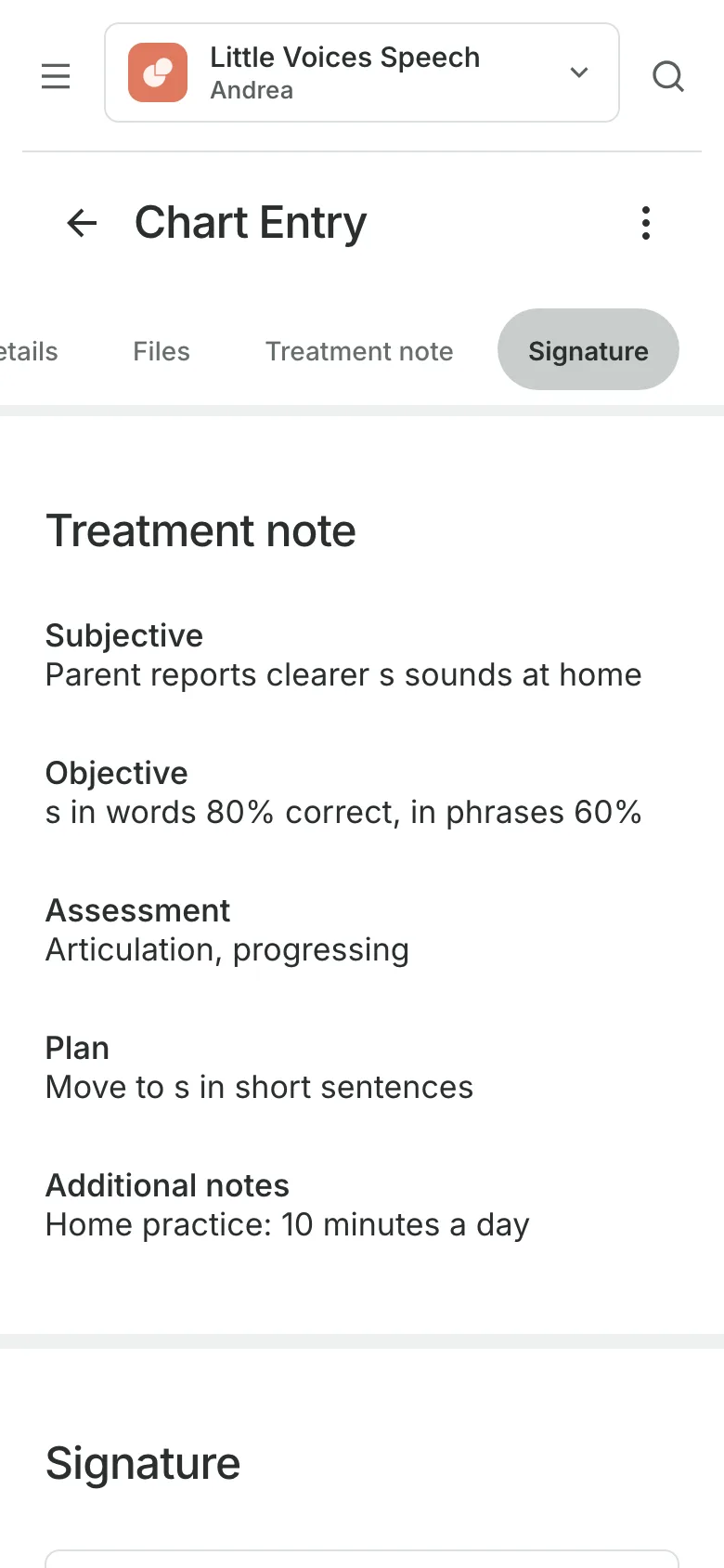 A signed chart entry on a phone: the treatment note, section by section