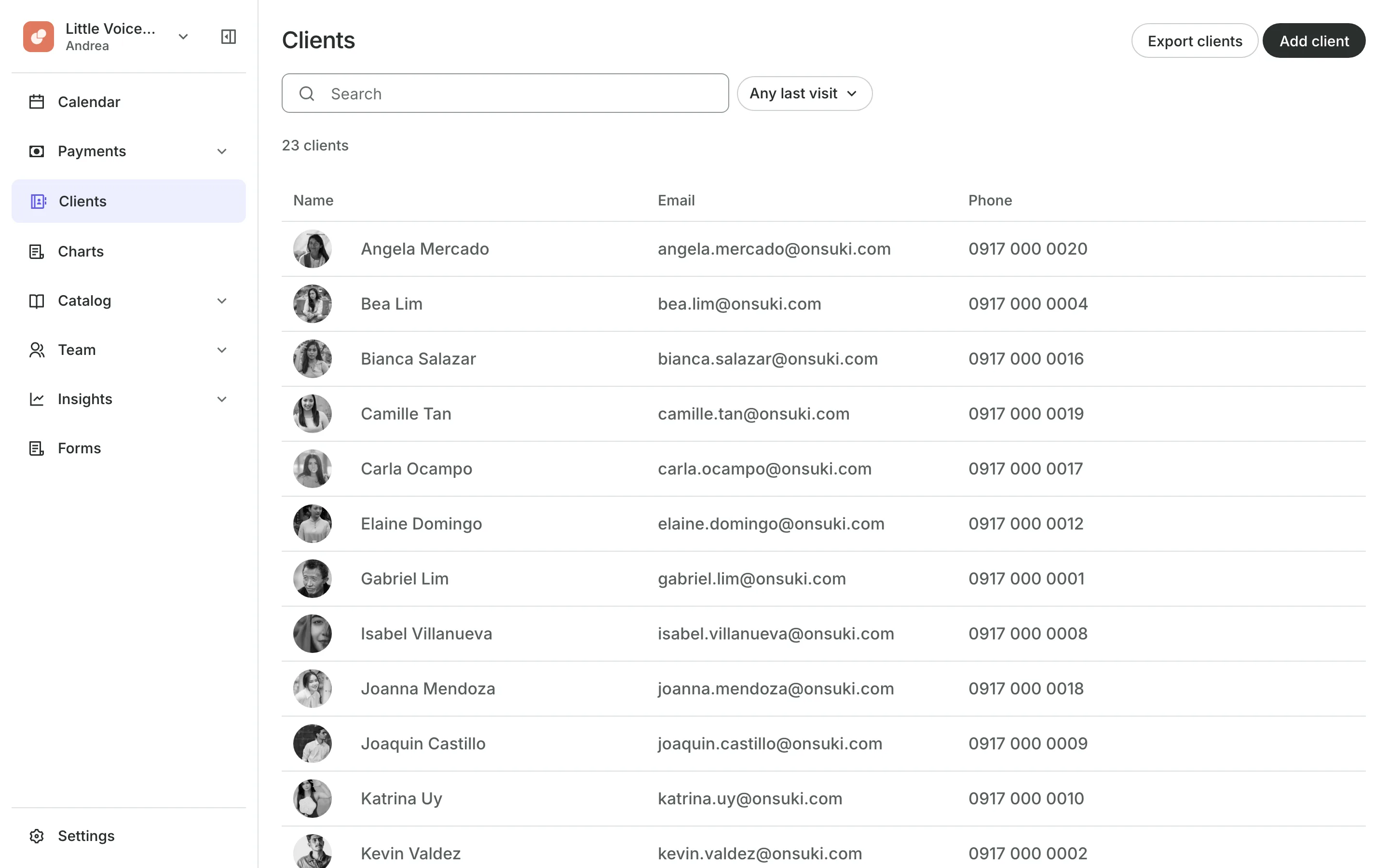 The client list with each client's email and phone