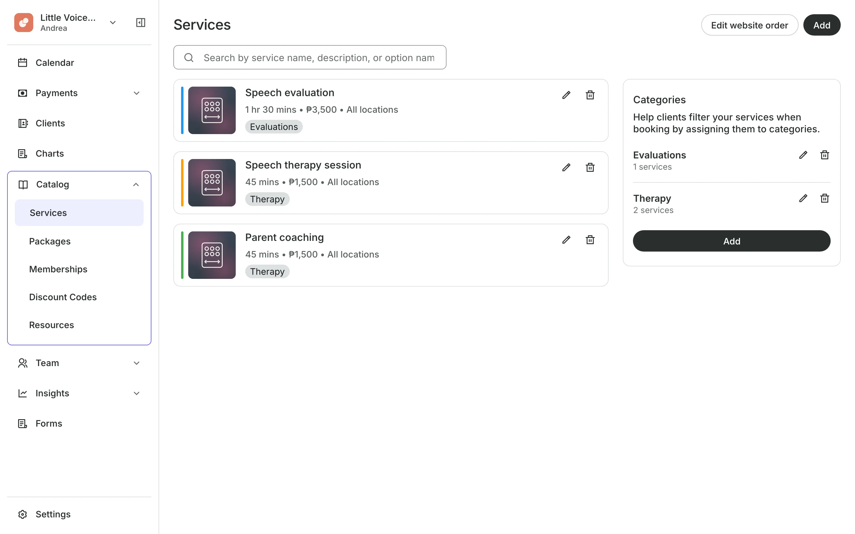 The service menu with each service's price and length