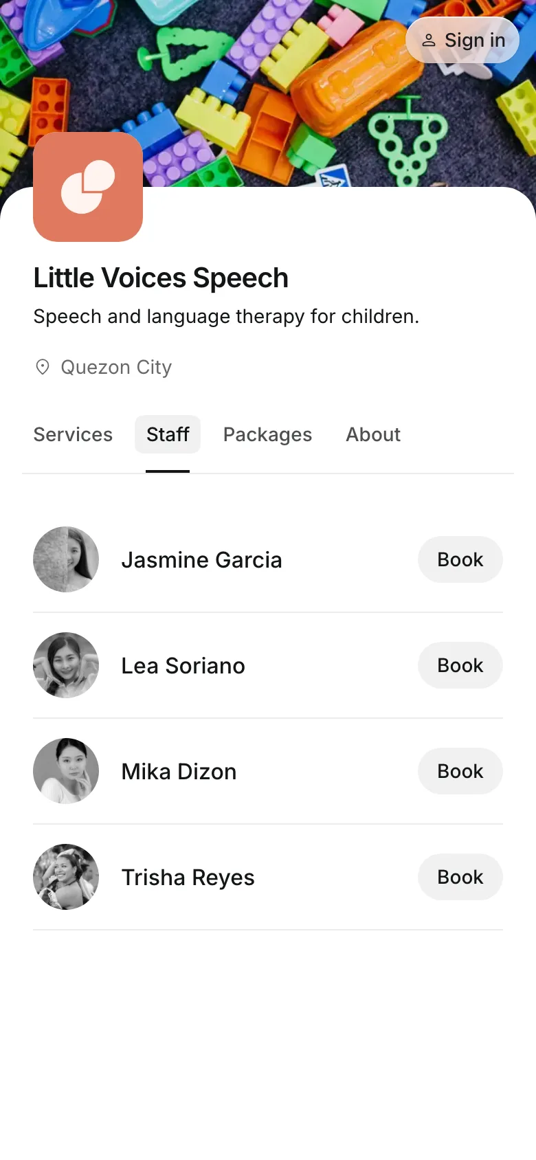 The team on the booking page, on a phone