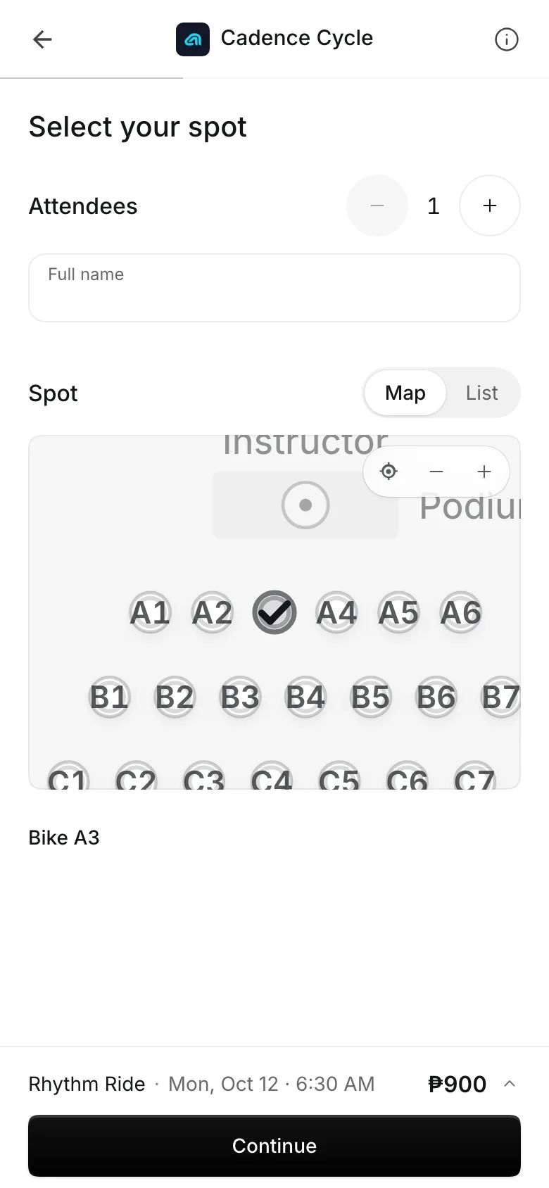 Booking a class on a phone: the spot or the pack, then checkout
