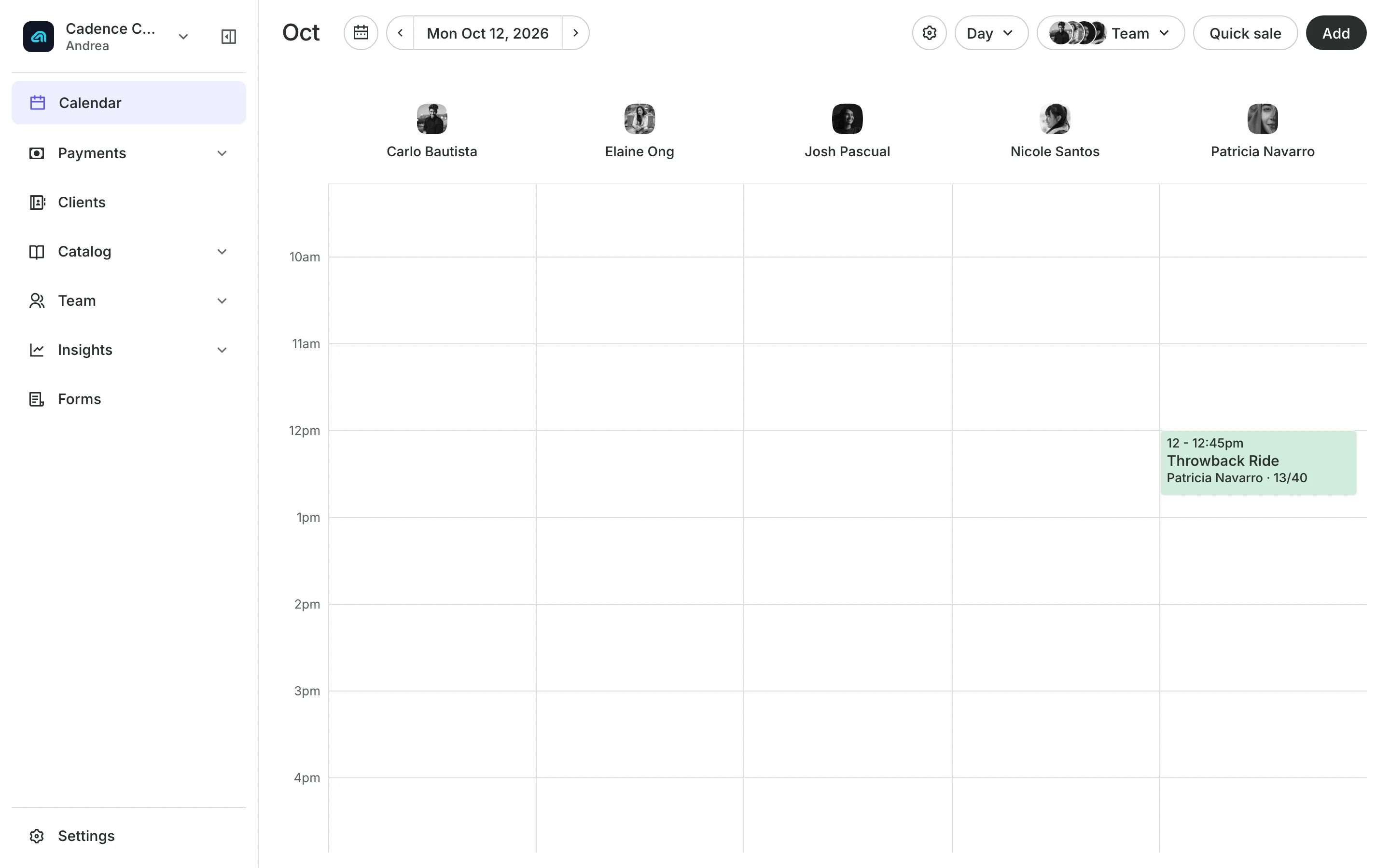 The calendar in day view: the day's classes, each with how many are booked
