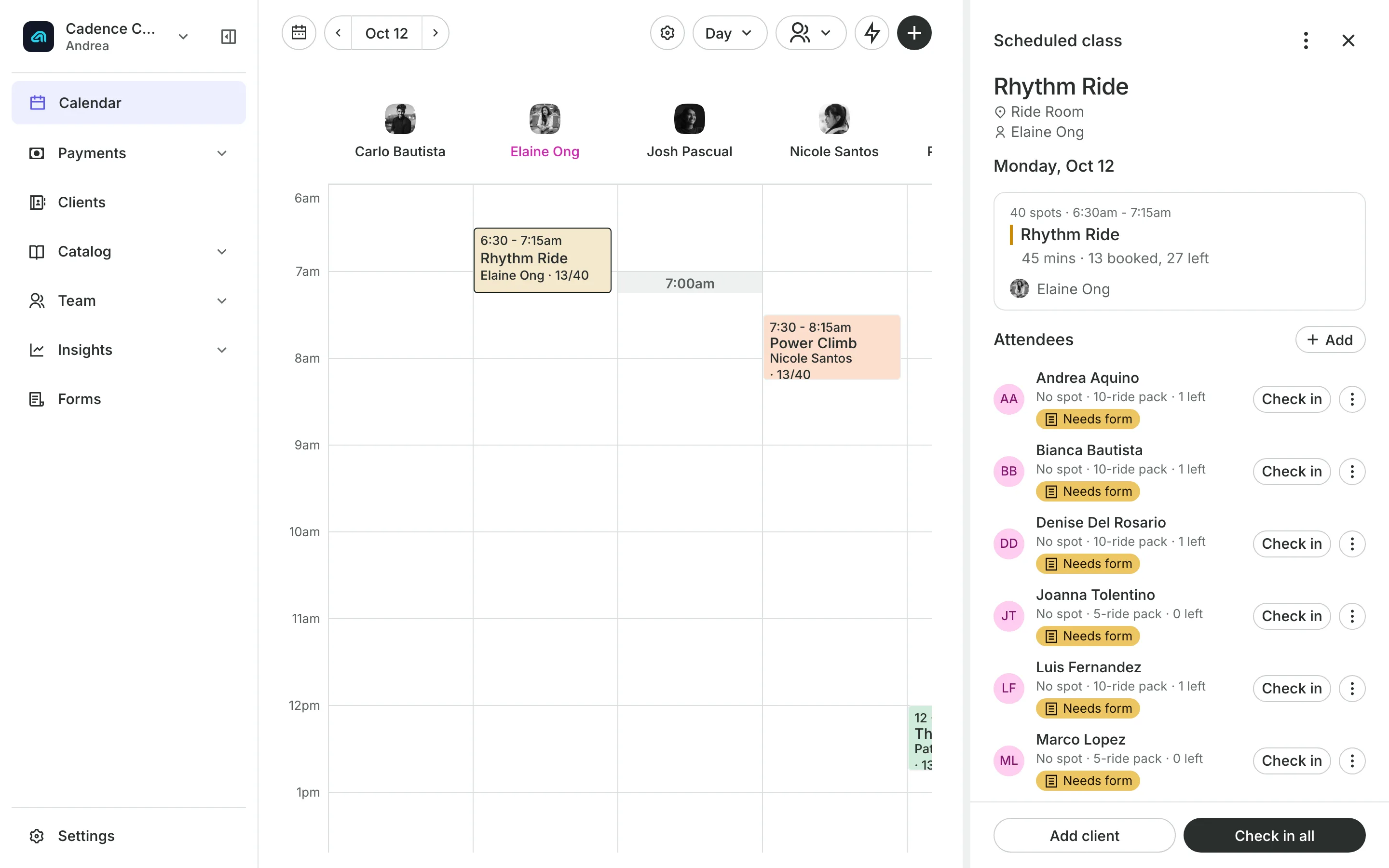A class open from the calendar: who is booked, how each pays, and Check in all