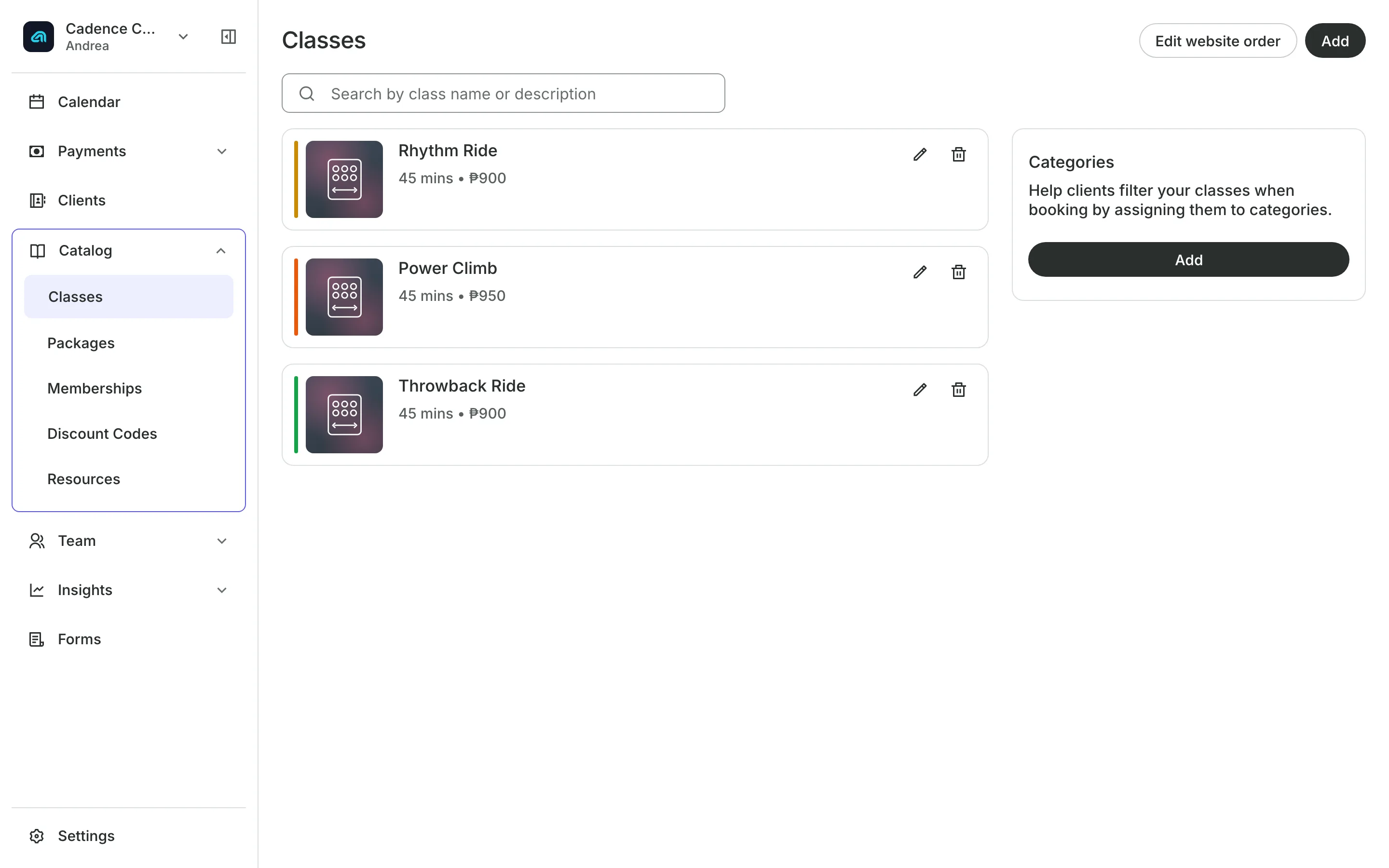 The class list with each class's length and price