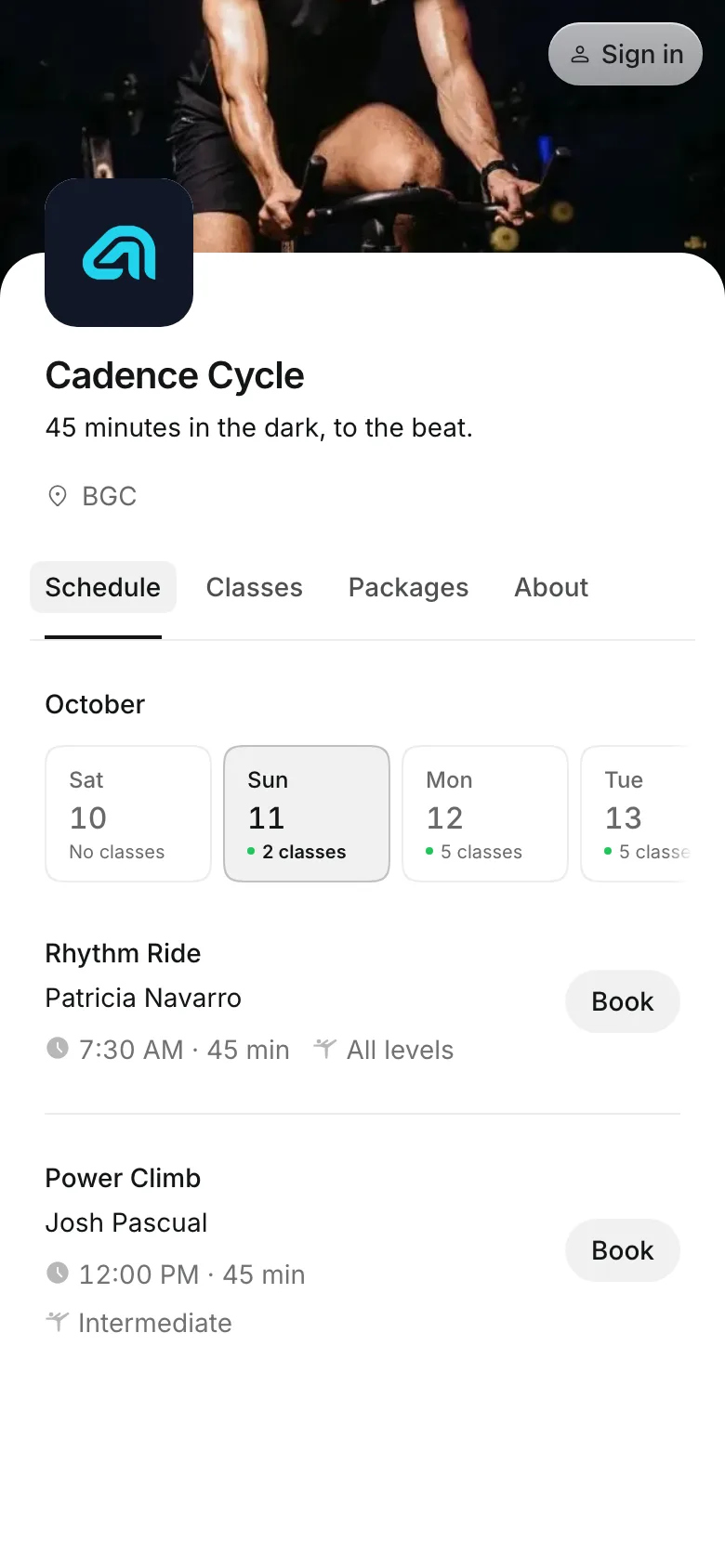The business's booking page on a phone