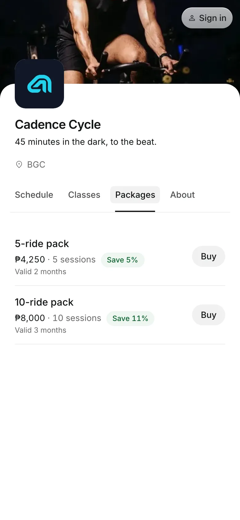 Packages and memberships on the booking page, on a phone