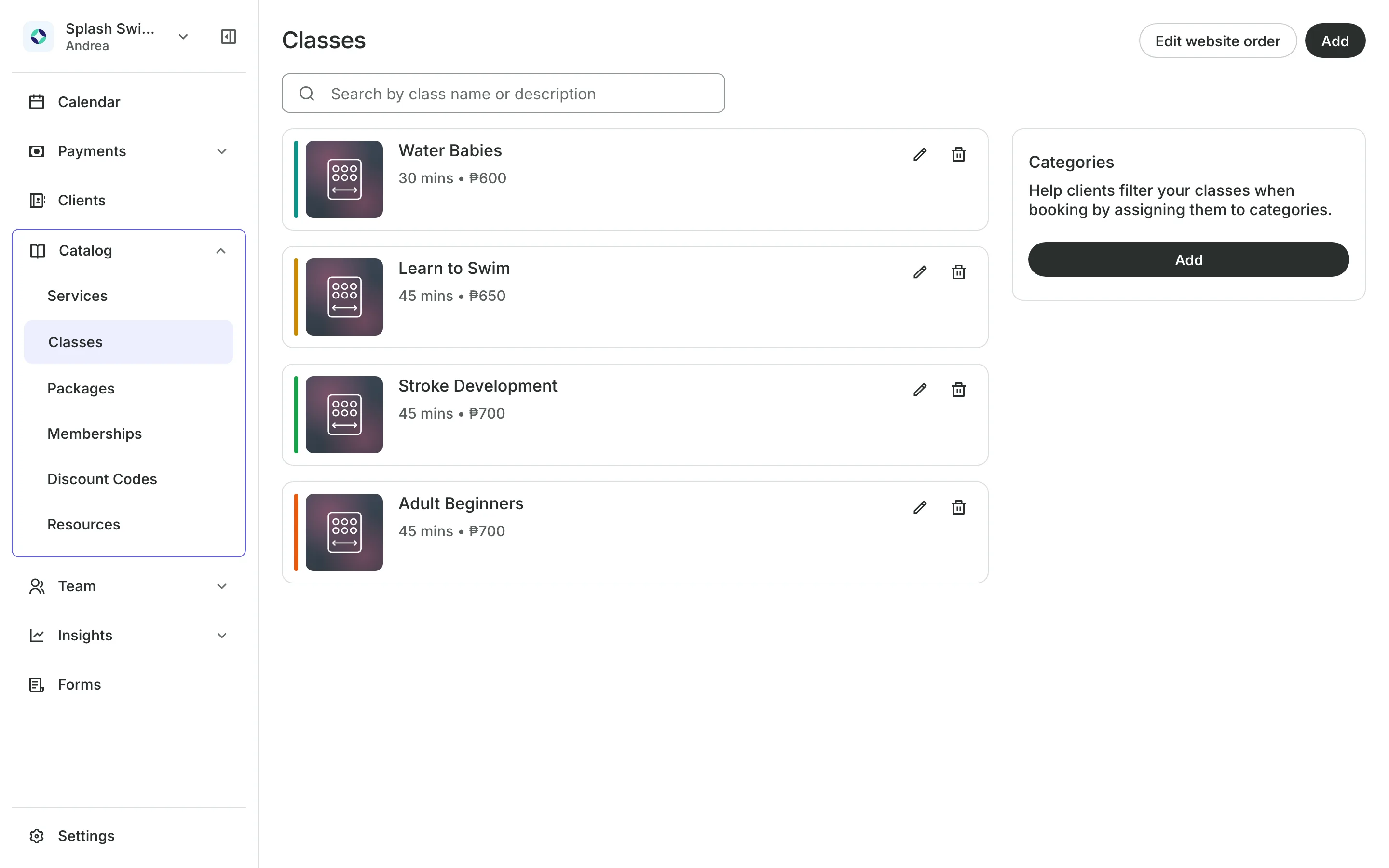 The class list with each class's length and price