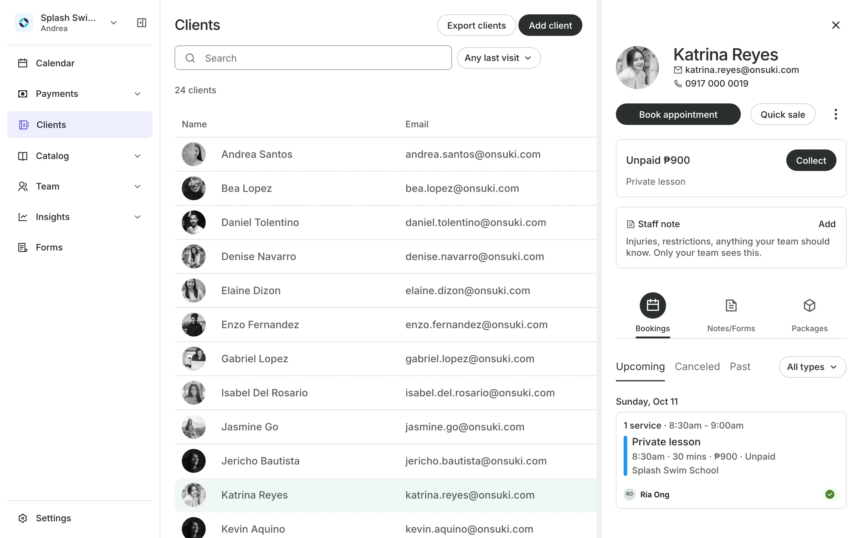 A client's profile: contact details, a staff note and their bookings