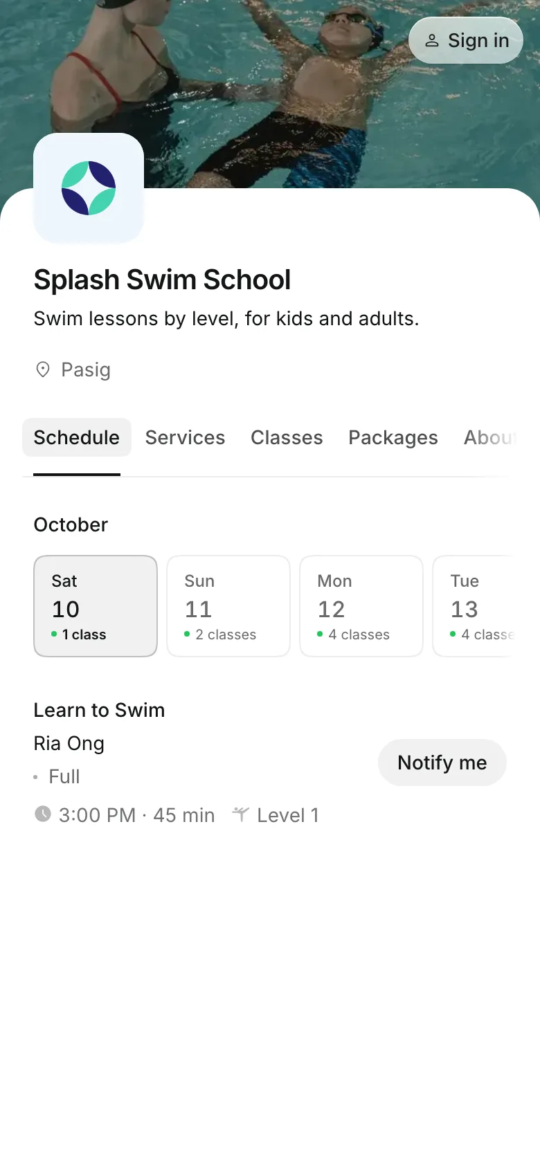 The business's booking page on a phone