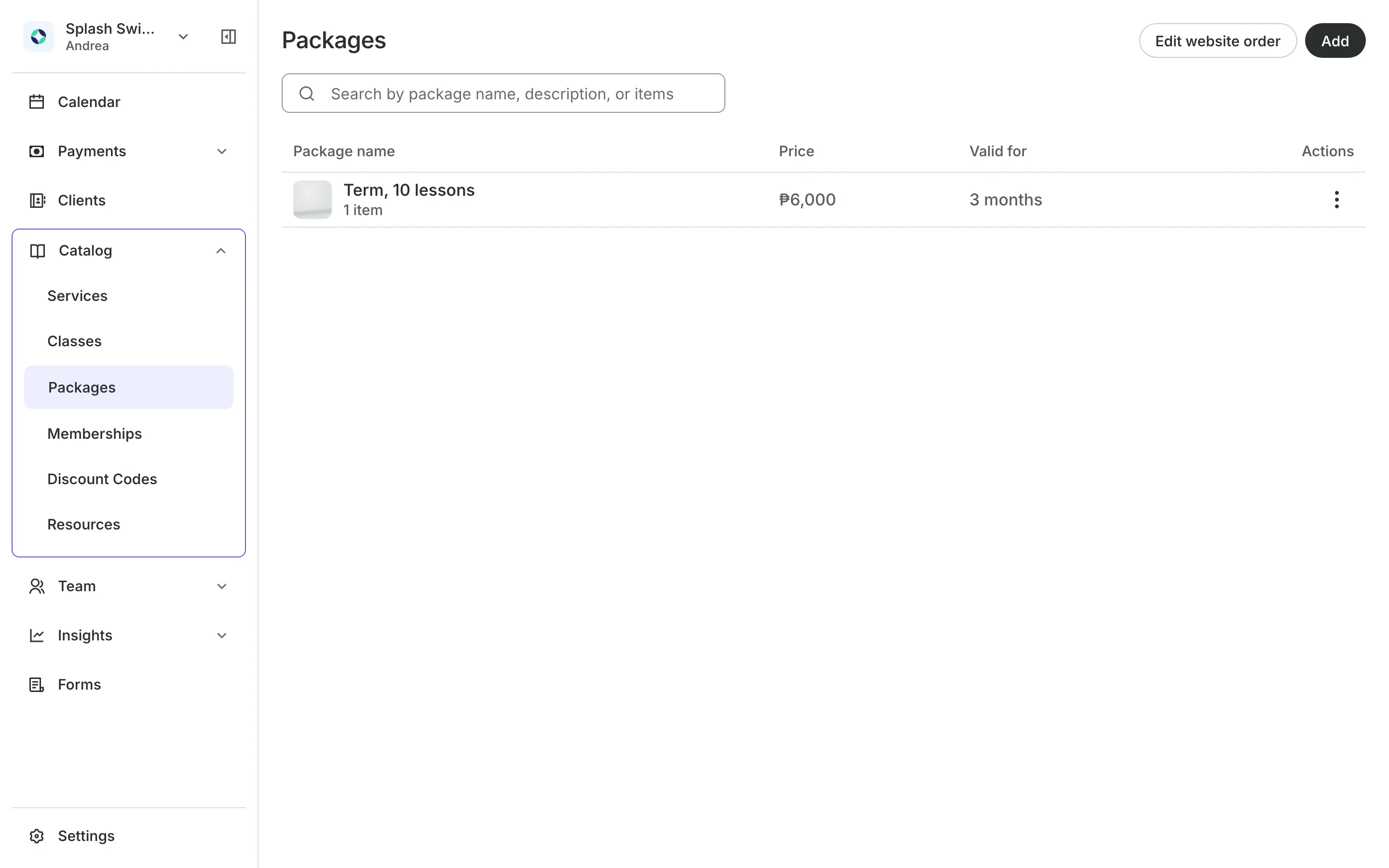 Packages for sale, each with its sessions and price