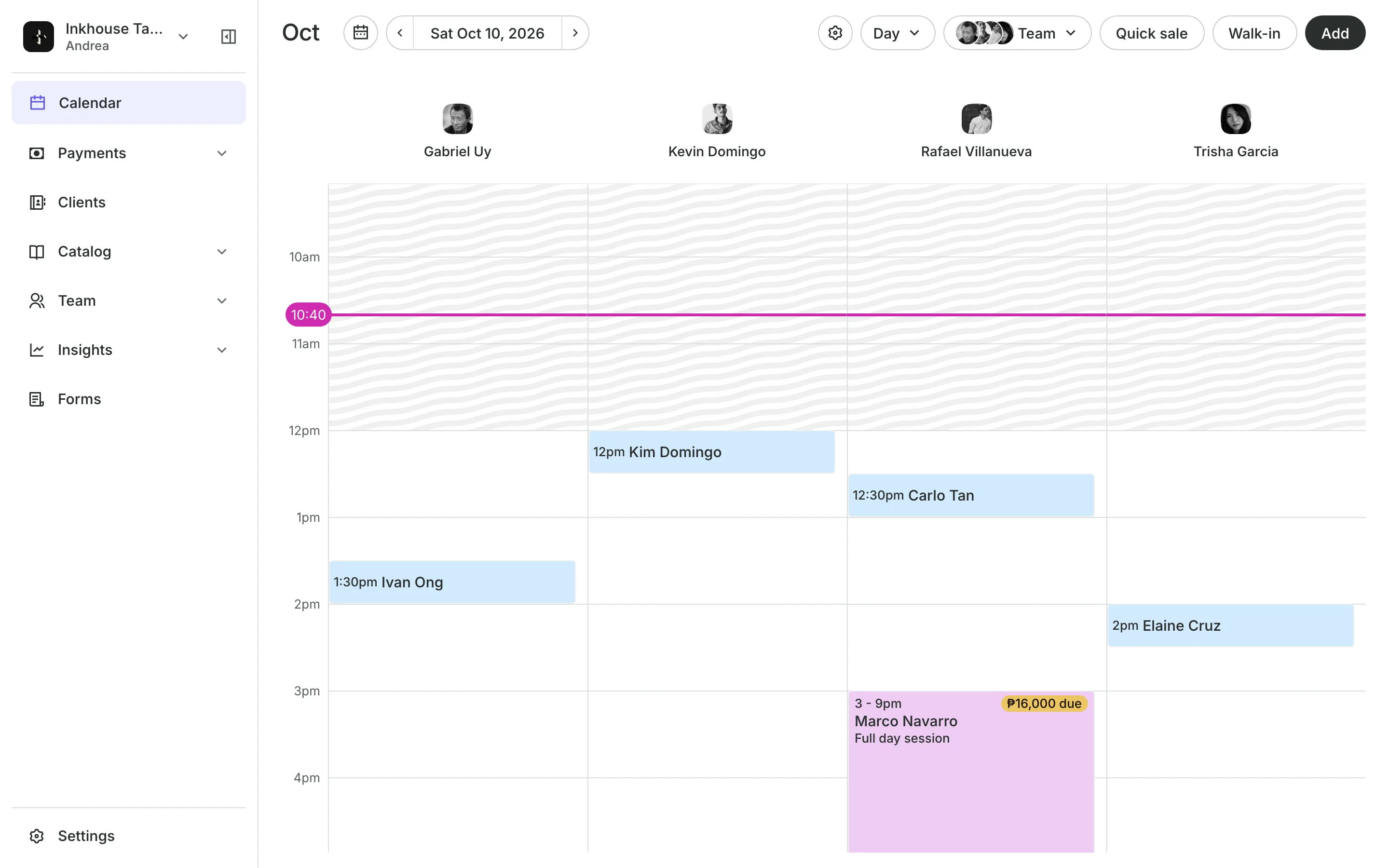 The calendar in day view: the team's columns and the day's bookings