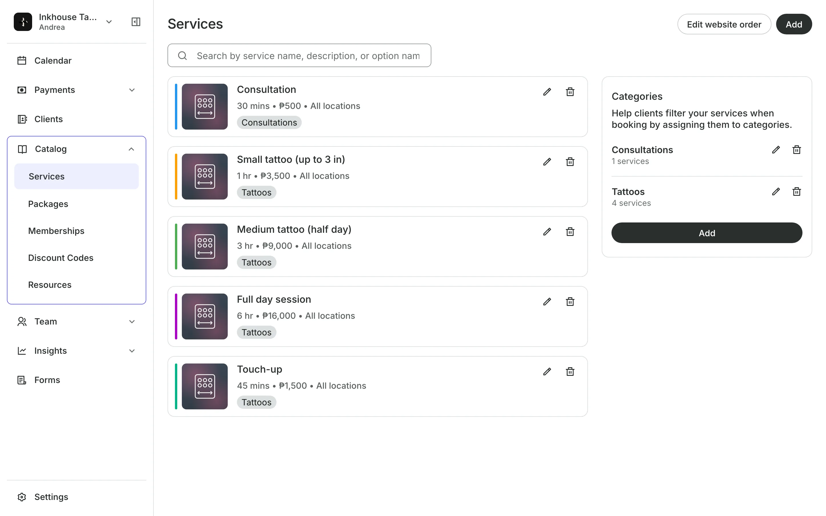 The service menu with each service's price and length