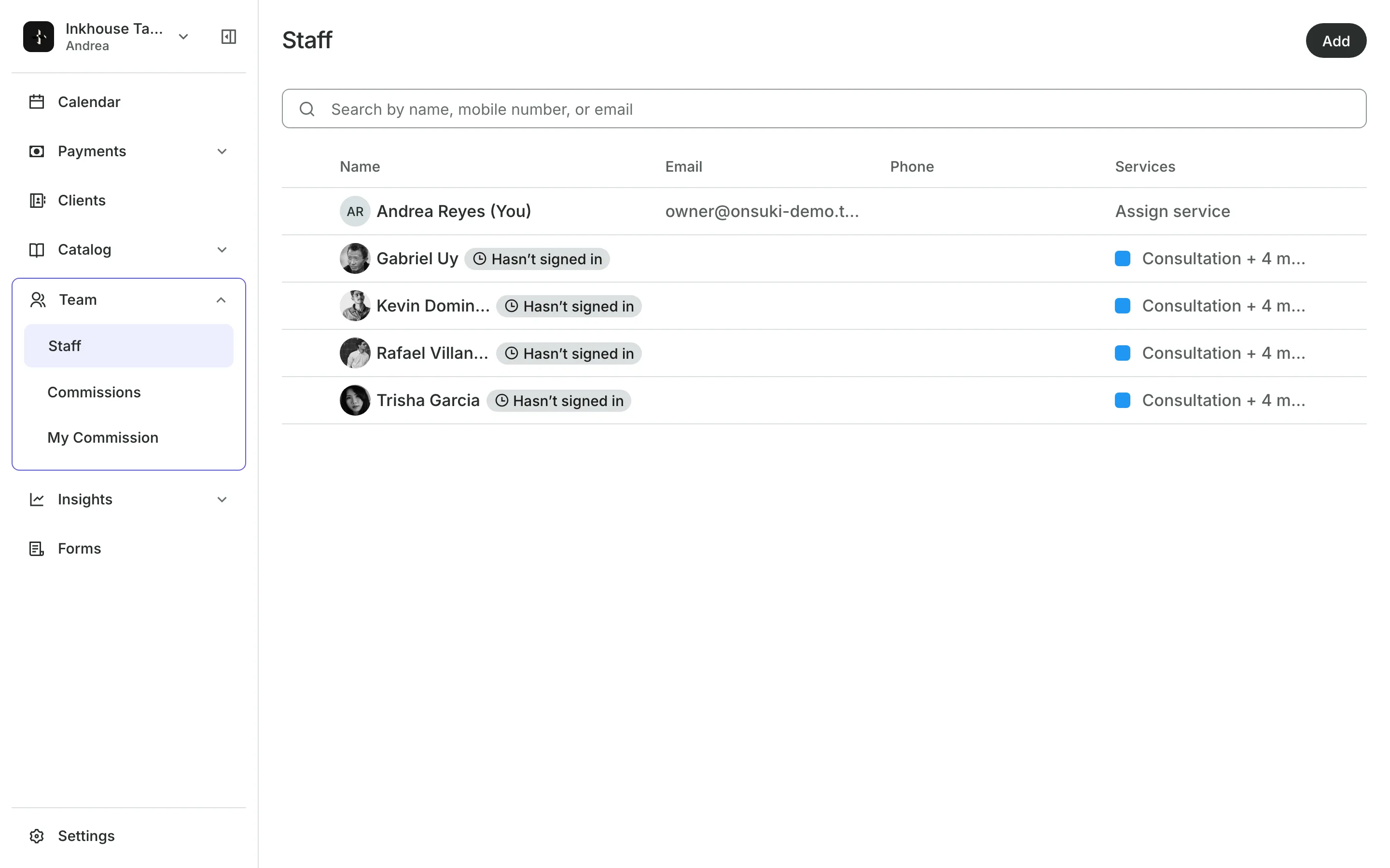 The team list with each person's role