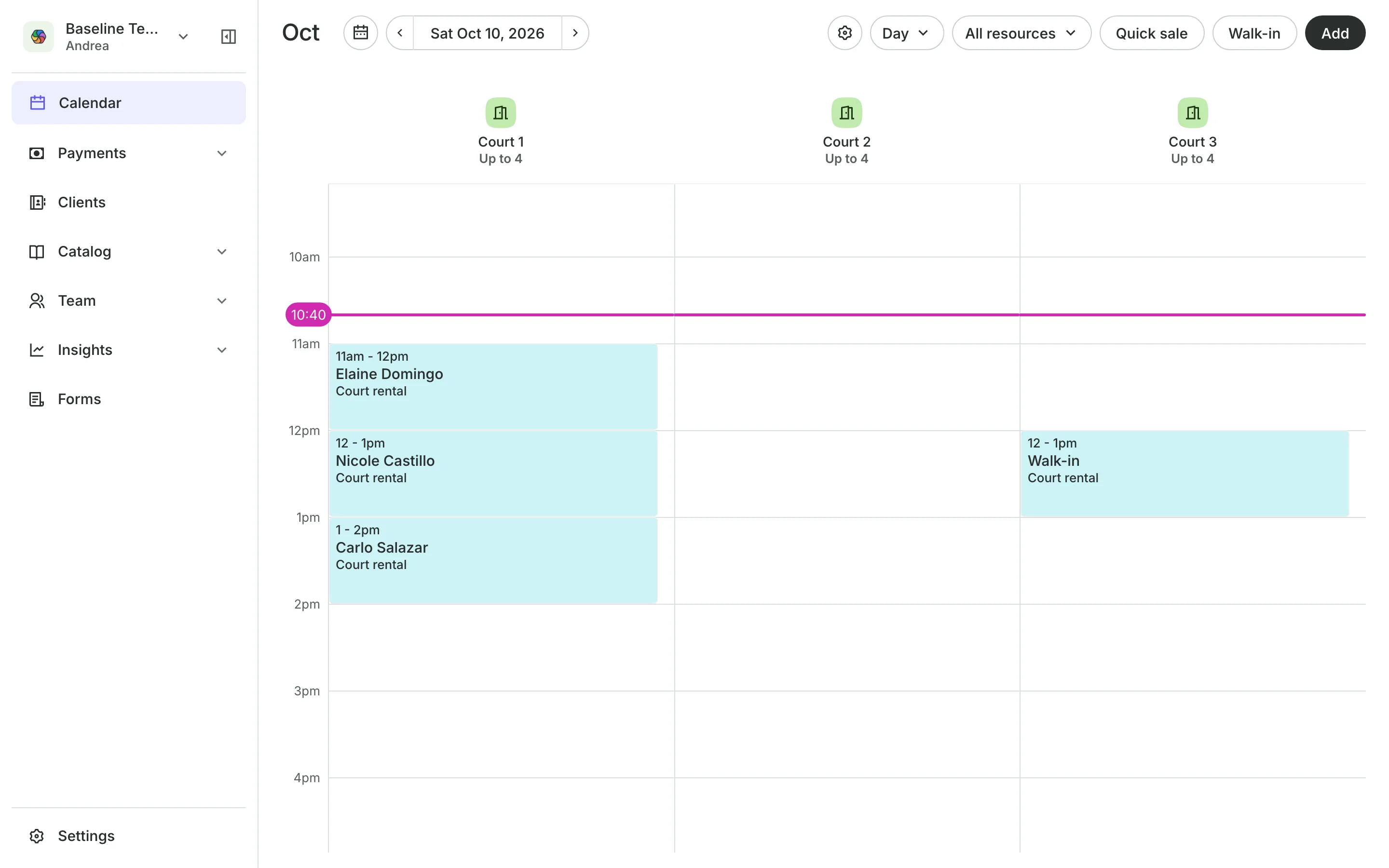 The calendar in day view: the team's columns and the day's bookings