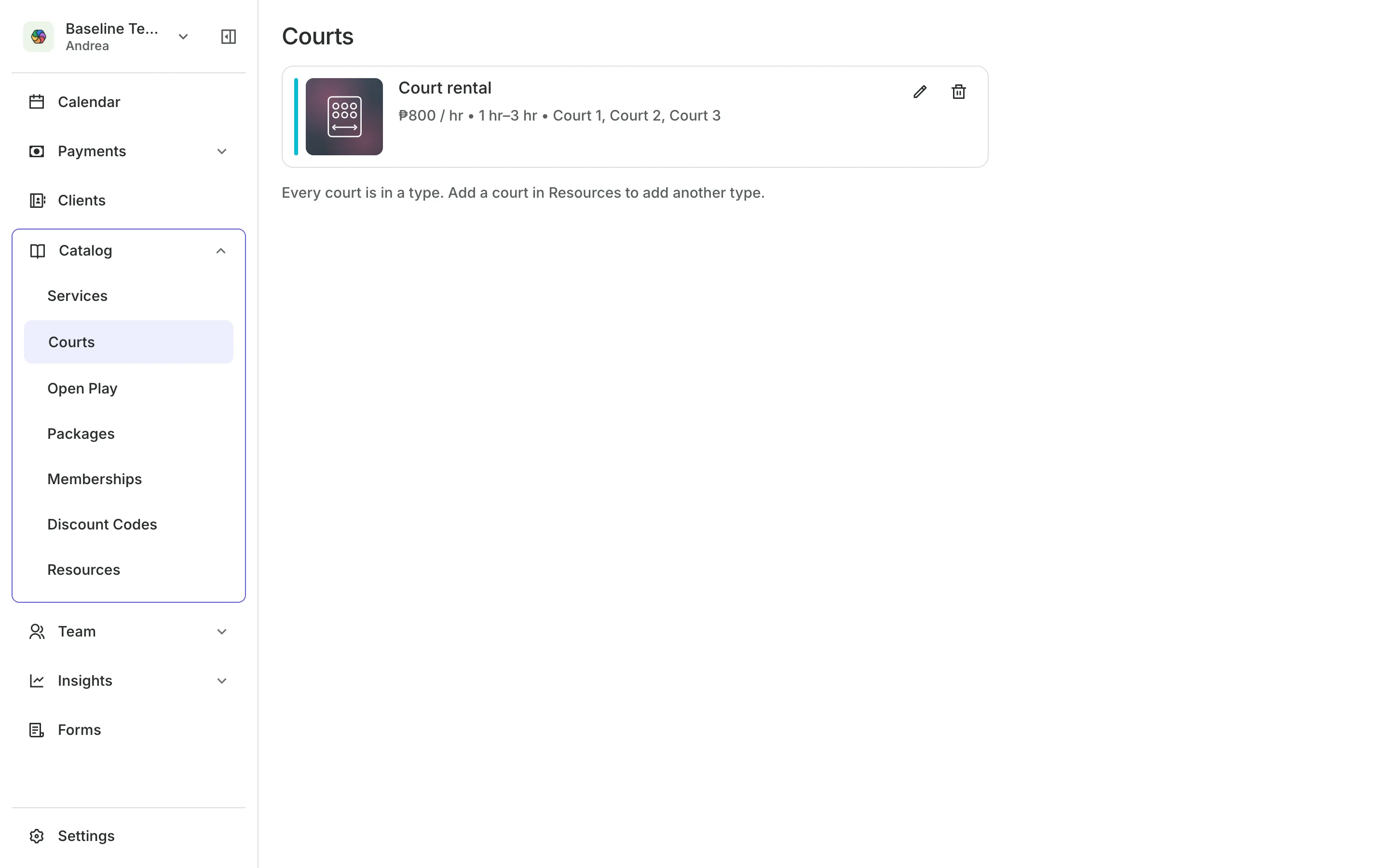 Courts and their rates by the hour