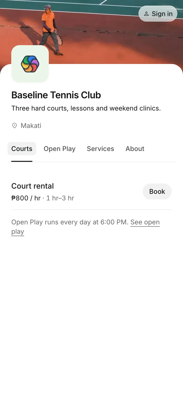 The business's booking page on a phone