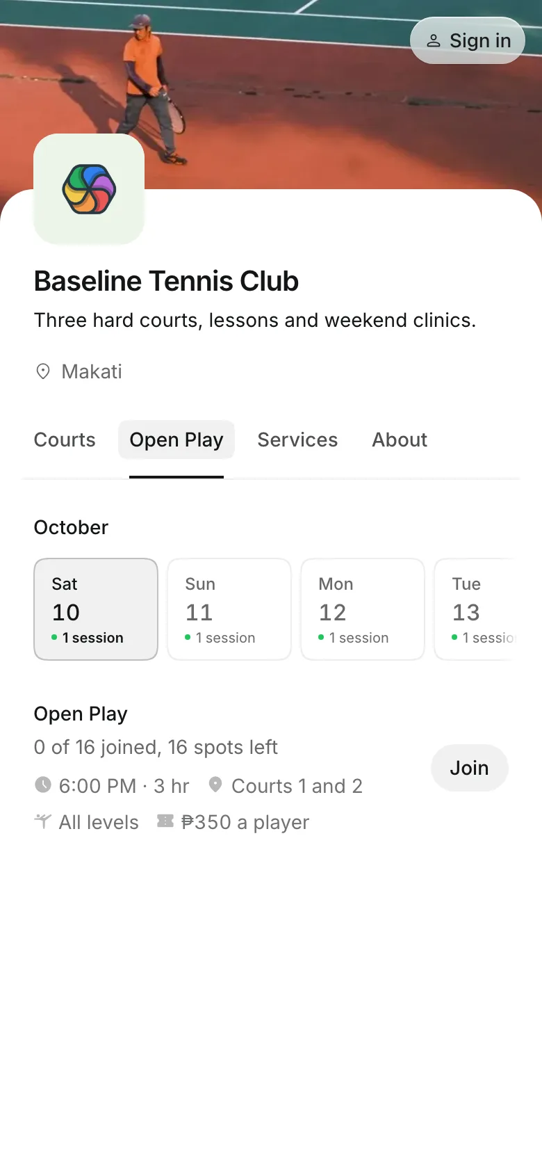 Open play sessions on the booking page, on a phone