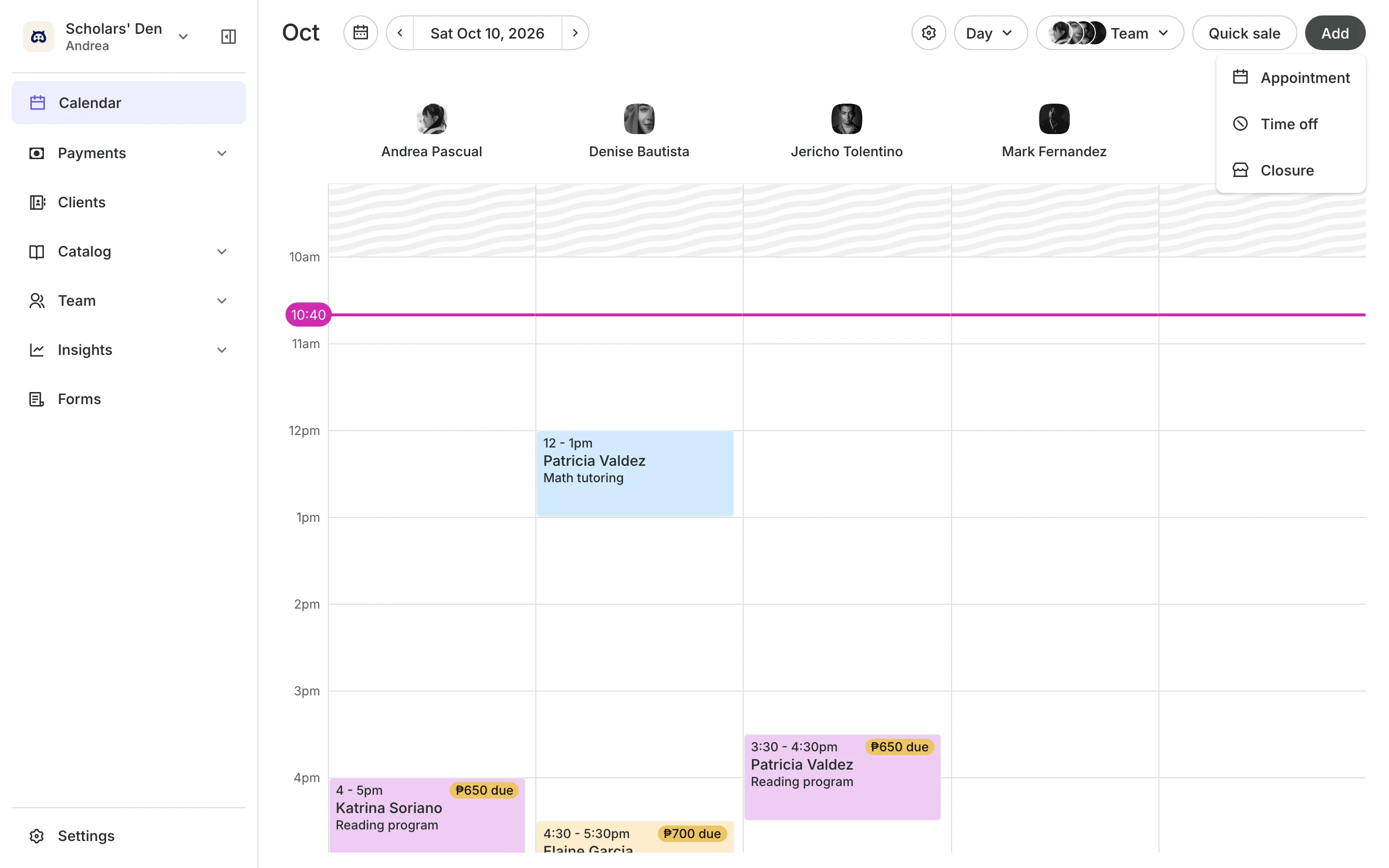 A new booking open on the calendar: the client, the service and the time