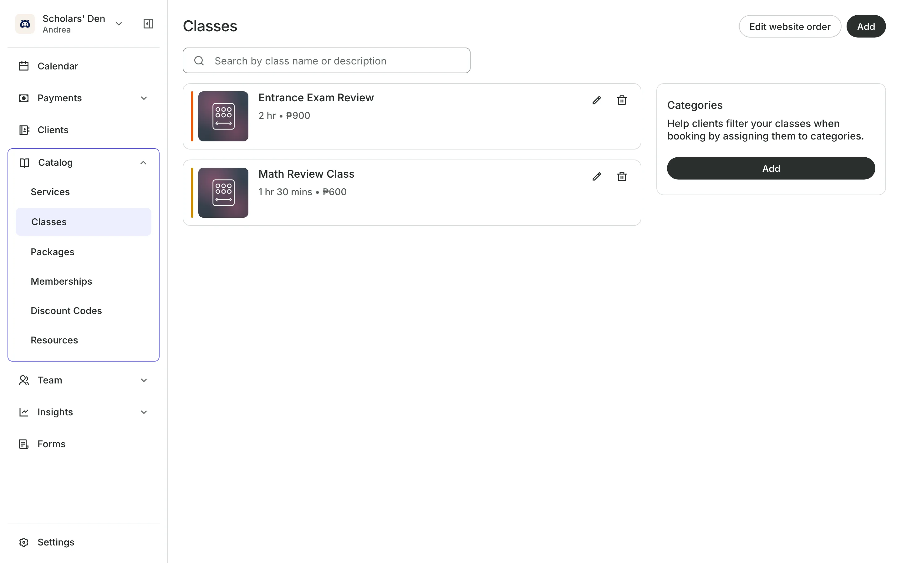 The class list with each class's length and price