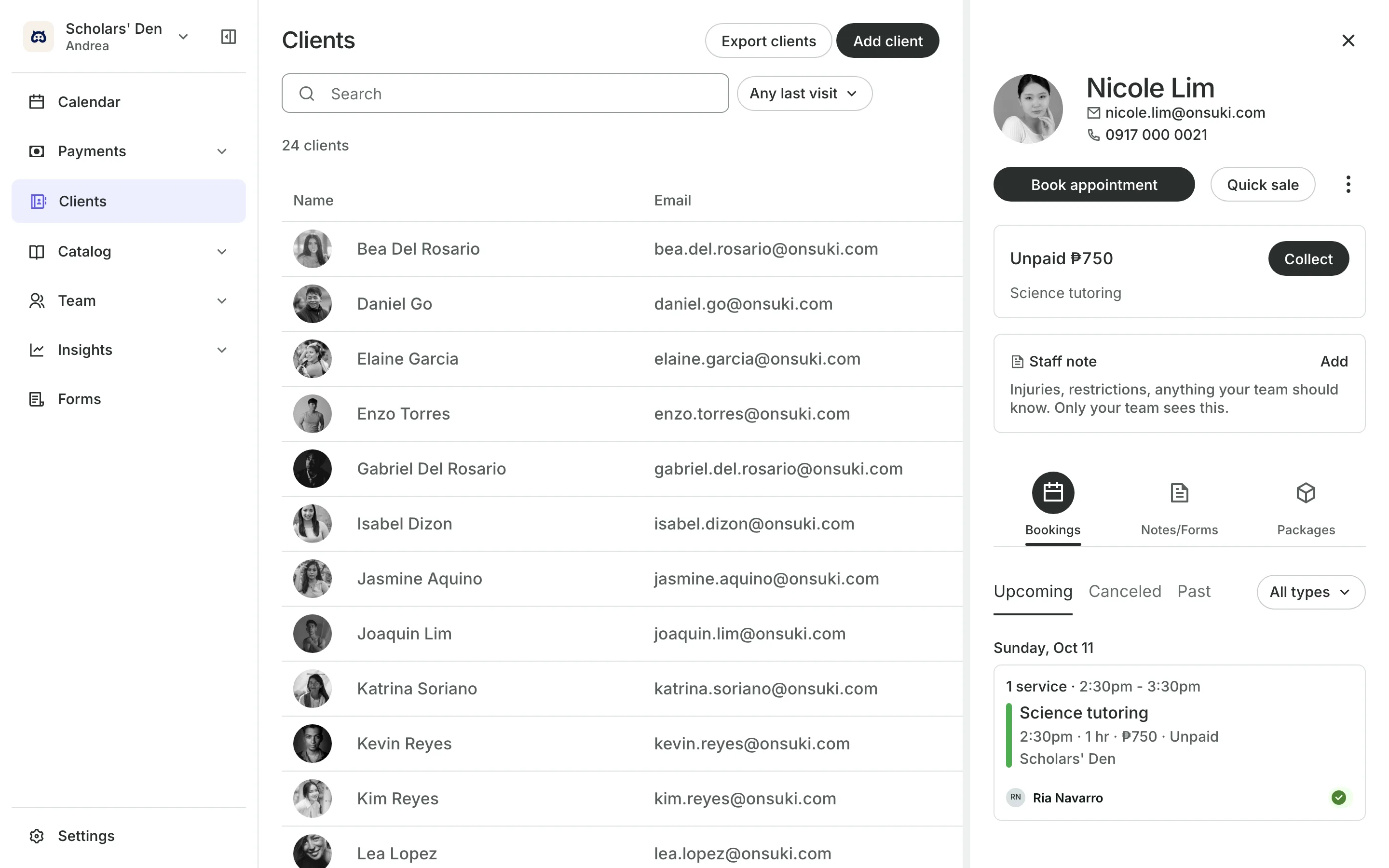 A client's profile: contact details, a staff note and their bookings