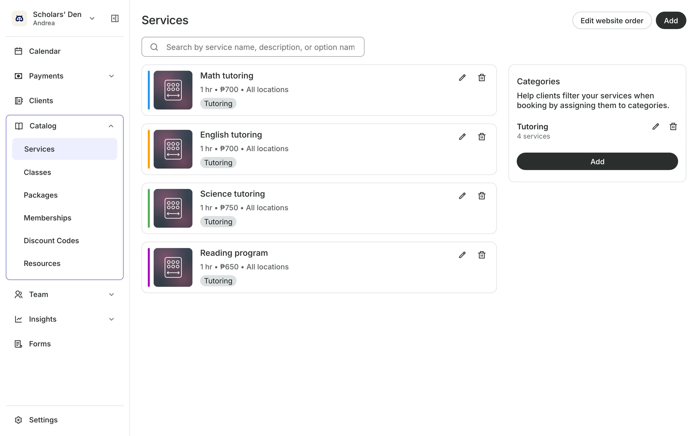 The service menu with each service's price and length