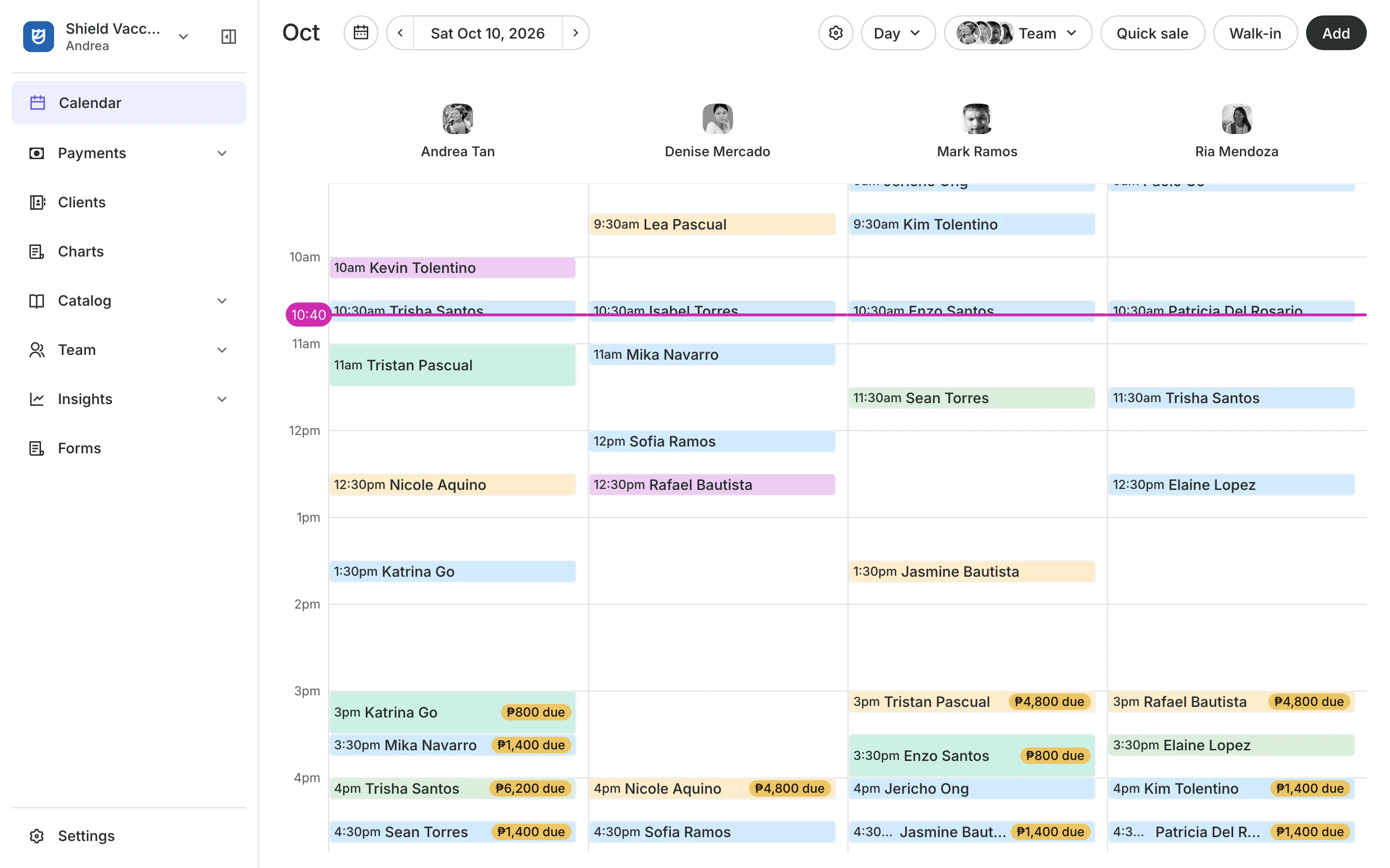 The calendar in day view: the team's columns and the day's bookings