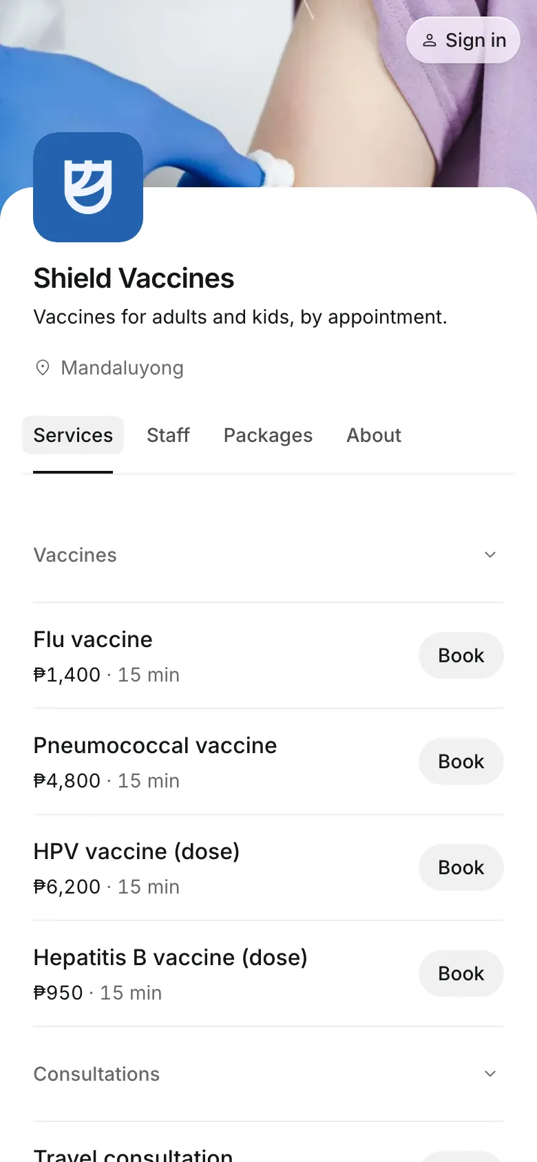 The business's booking page on a phone