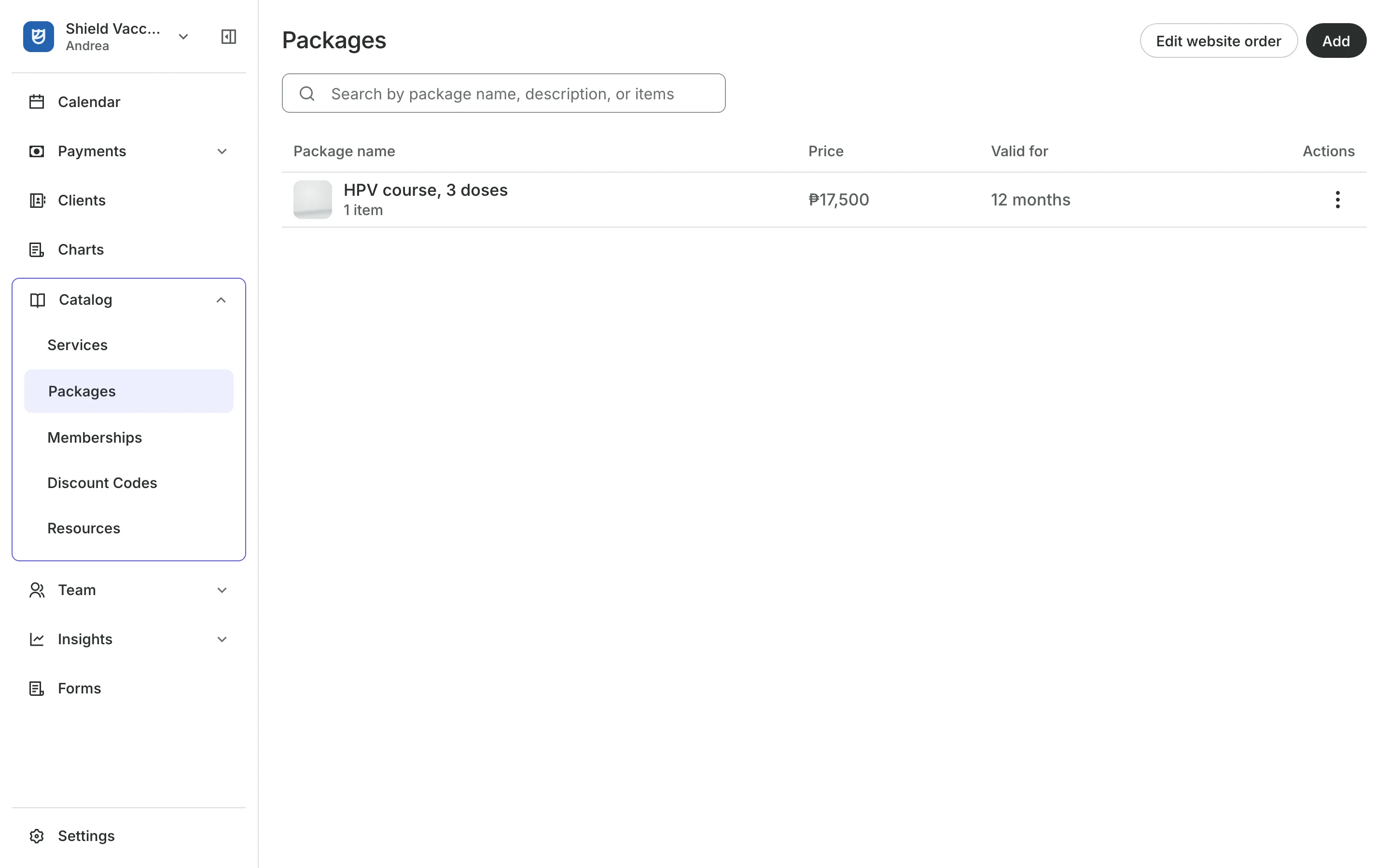 Packages for sale, each with its sessions and price