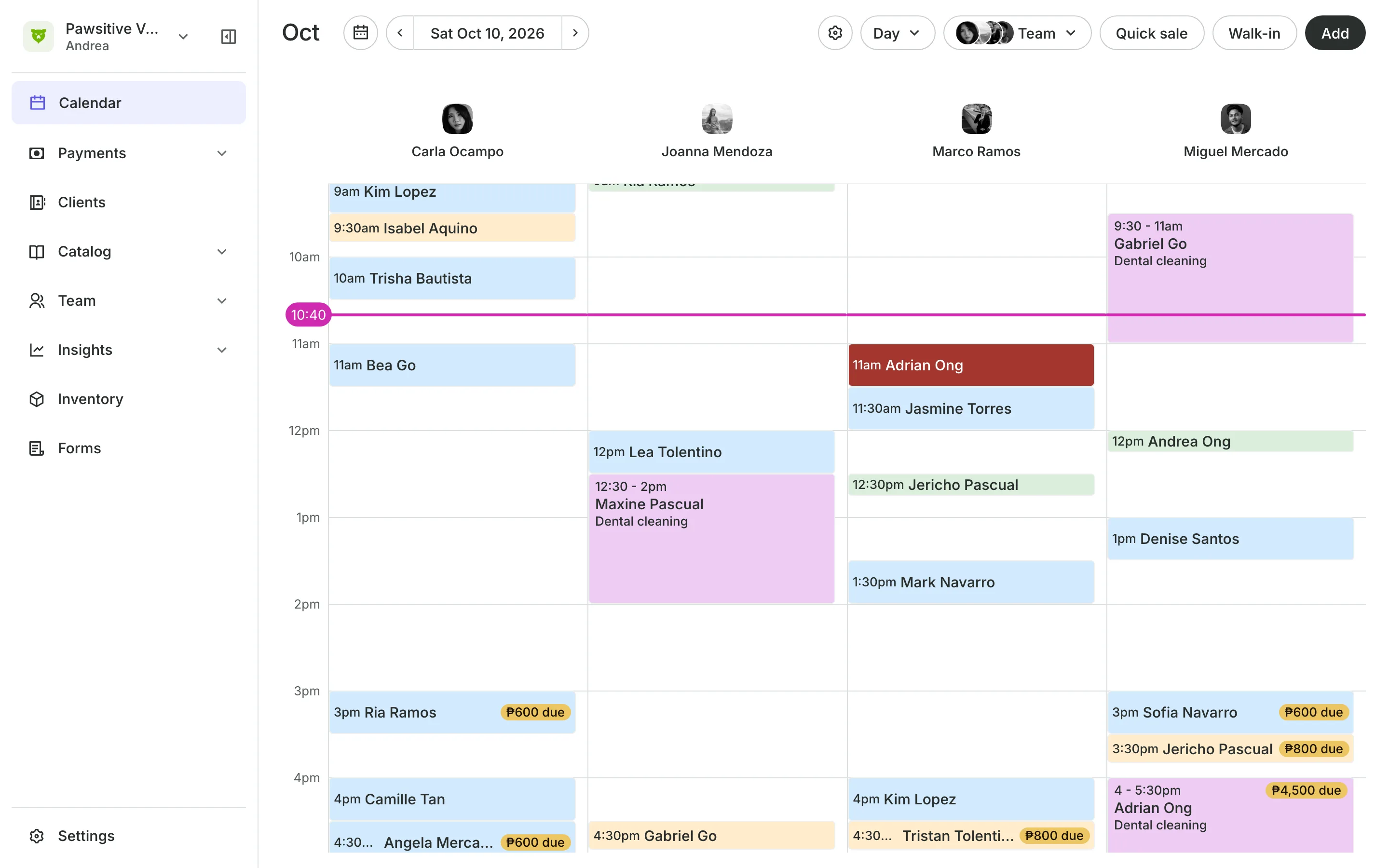 The calendar in day view: the team's columns and the day's bookings