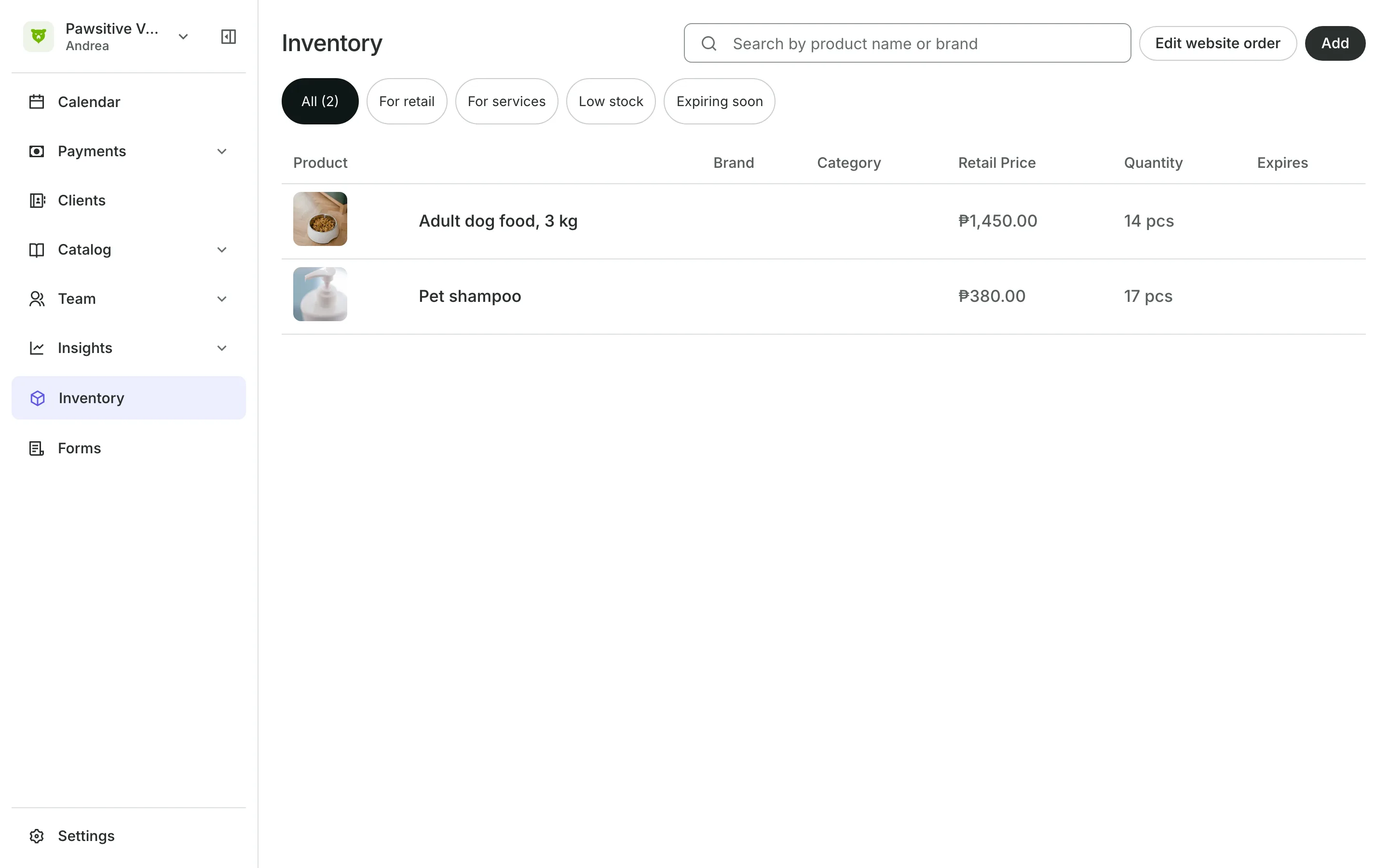 Inventory: each product and its stock
