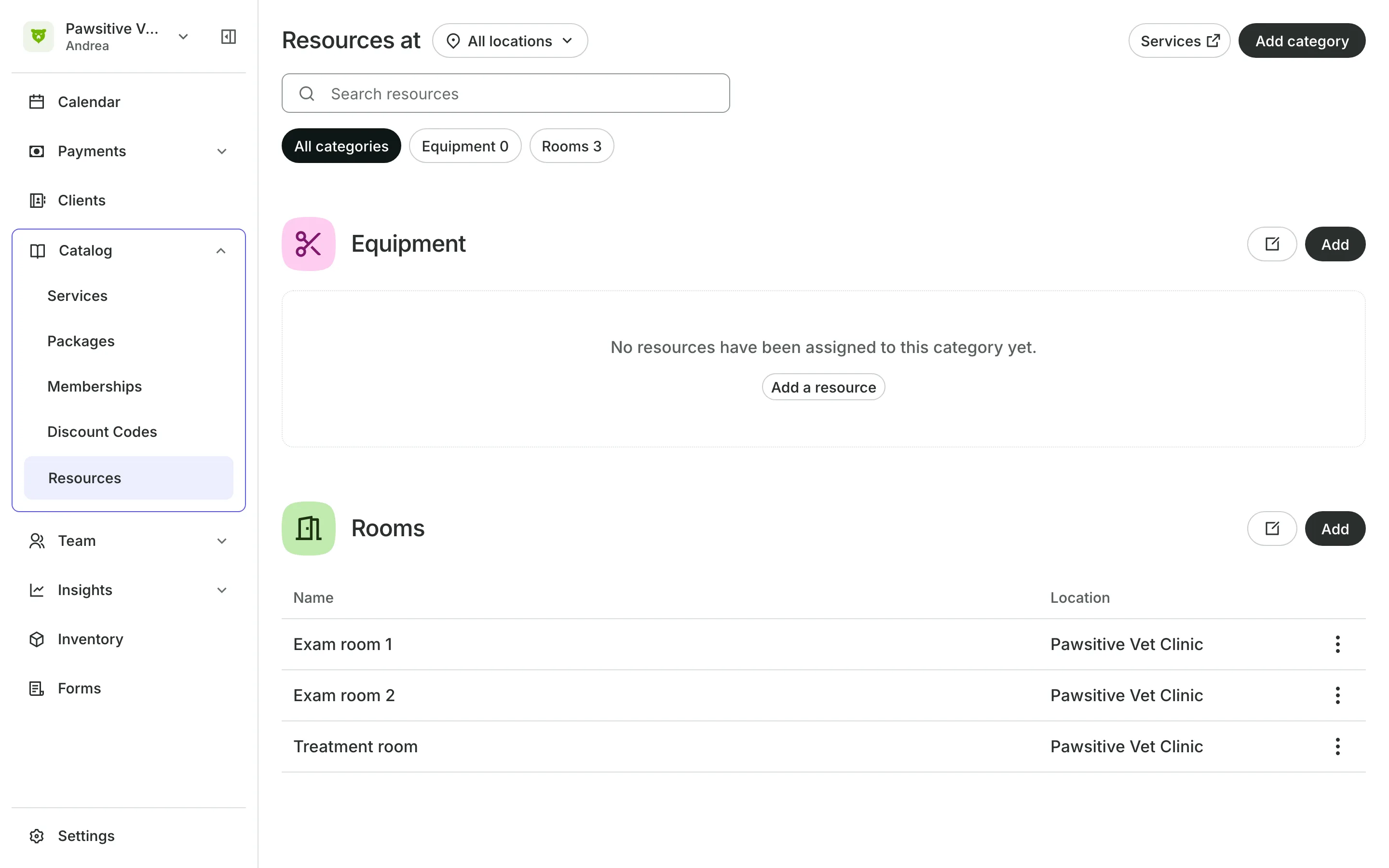 Rooms and equipment that services need