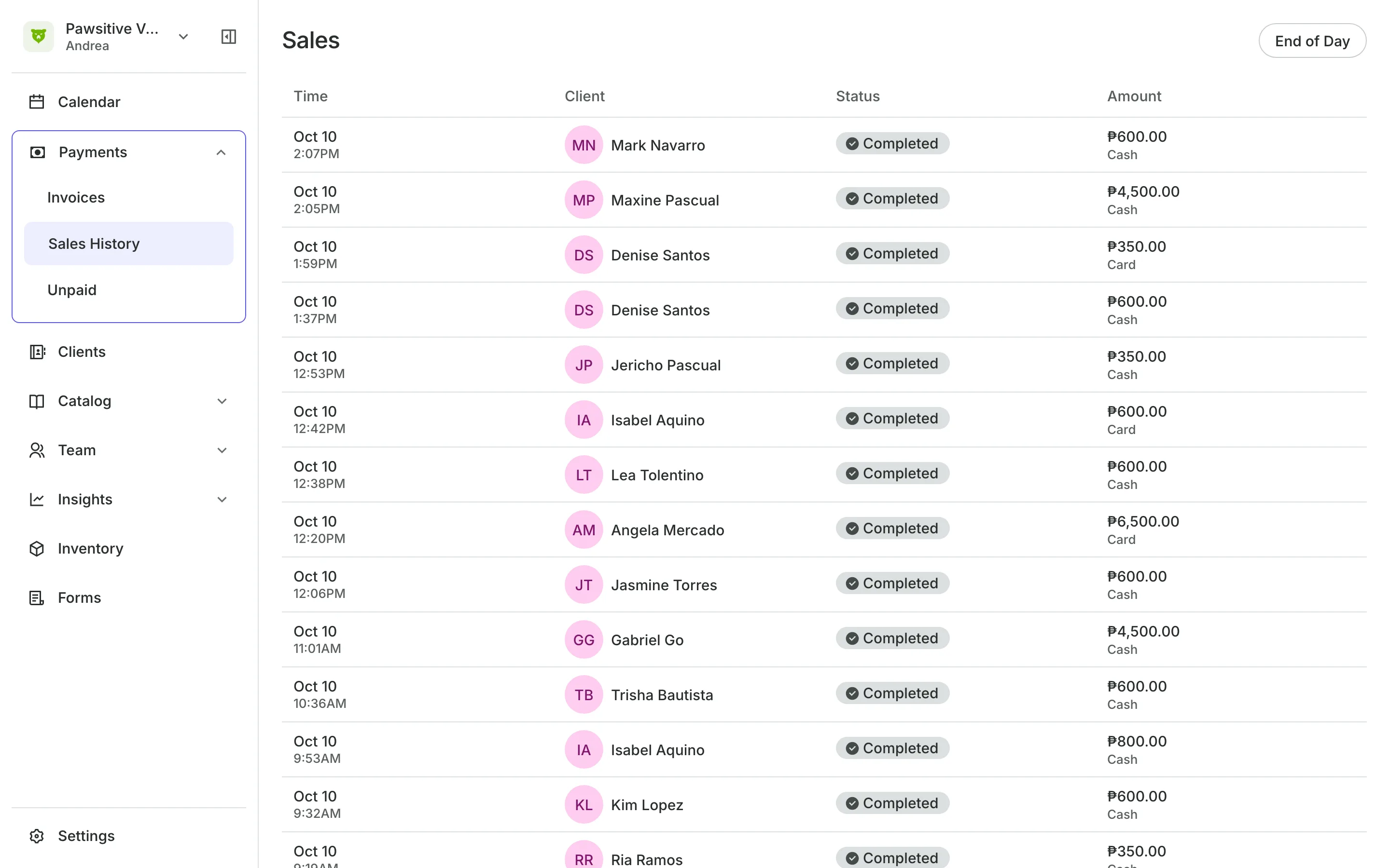 Sales history: every sale and how it was paid