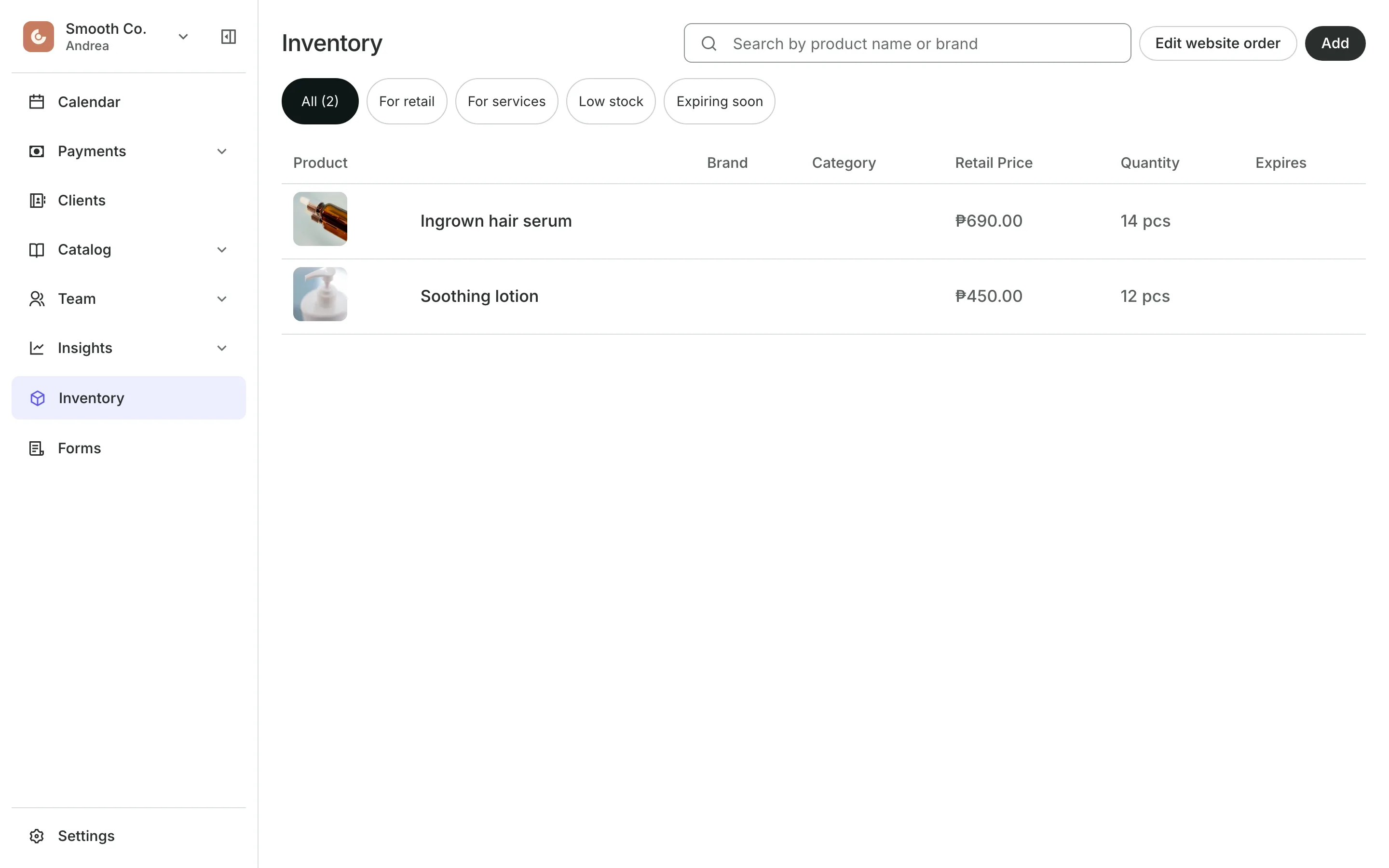 Inventory: each product and its stock