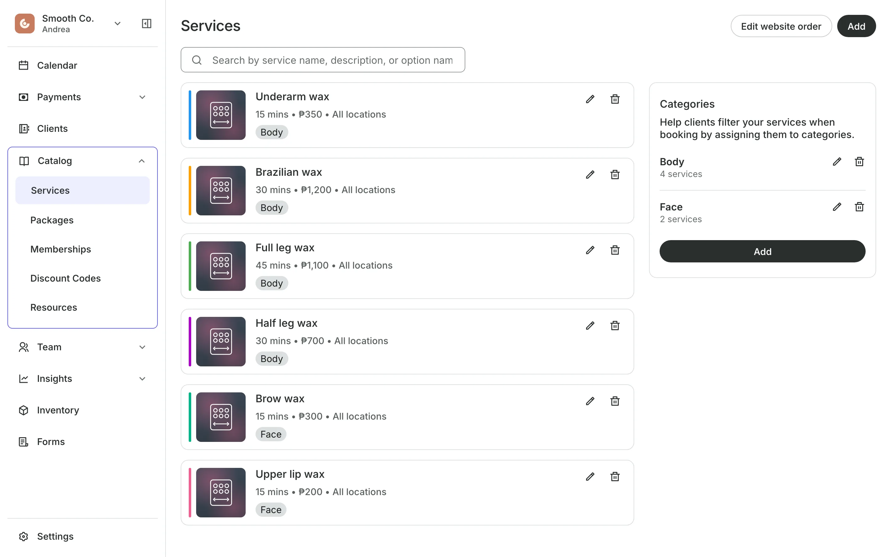 The service menu with each service's price and length