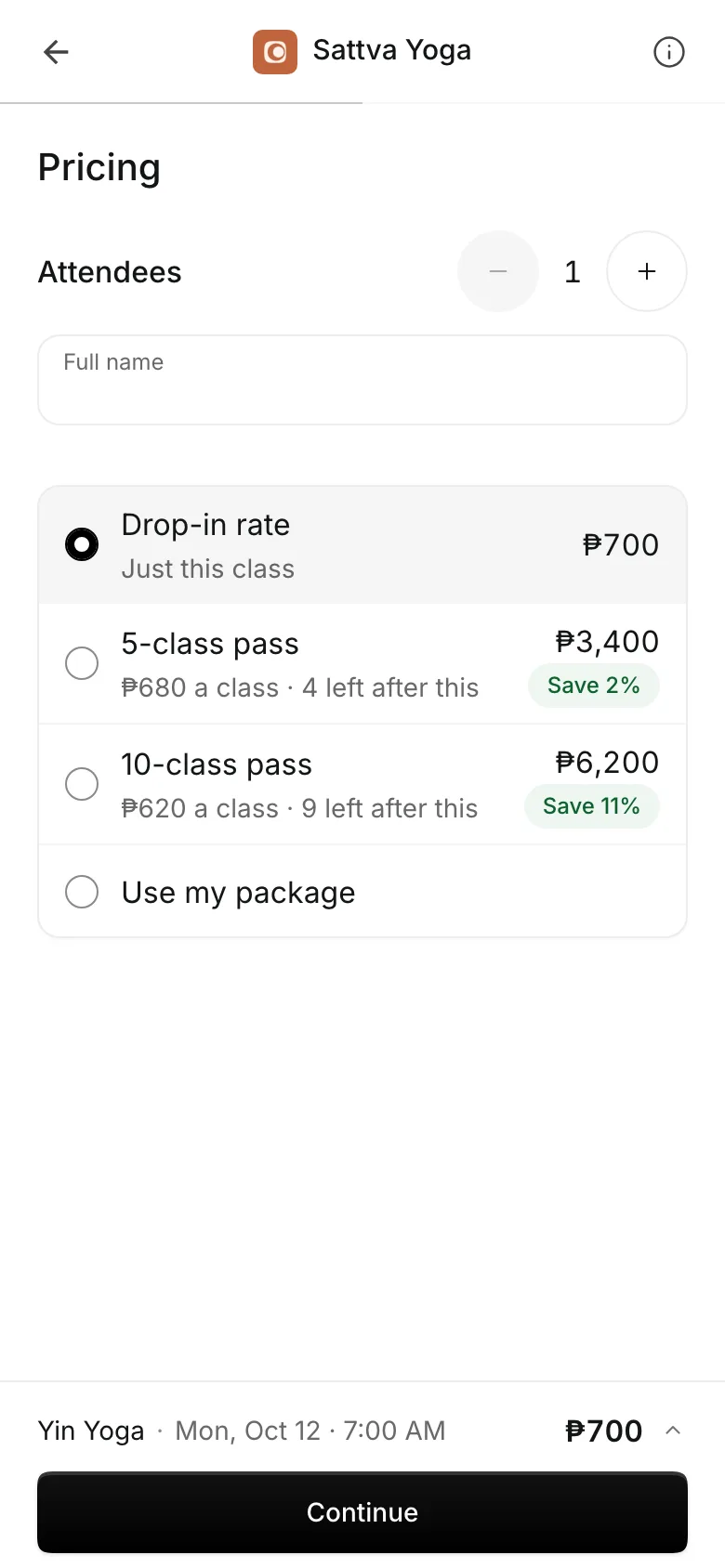 Booking a class on a phone: the spot or the pack, then checkout