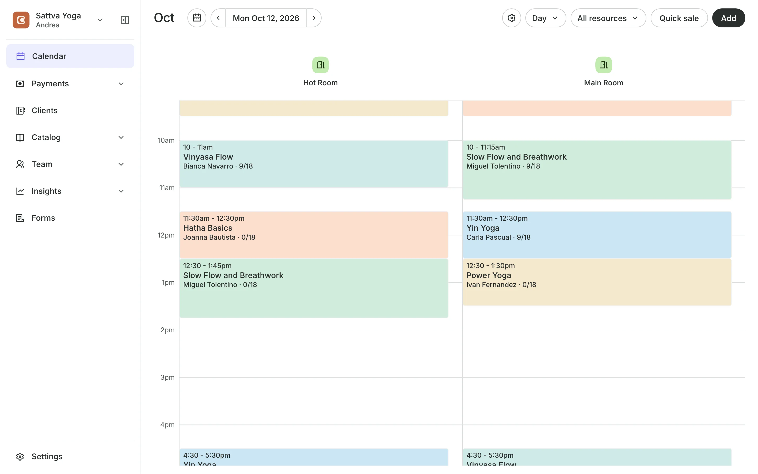 The calendar in day view: the day's classes, each with how many are booked