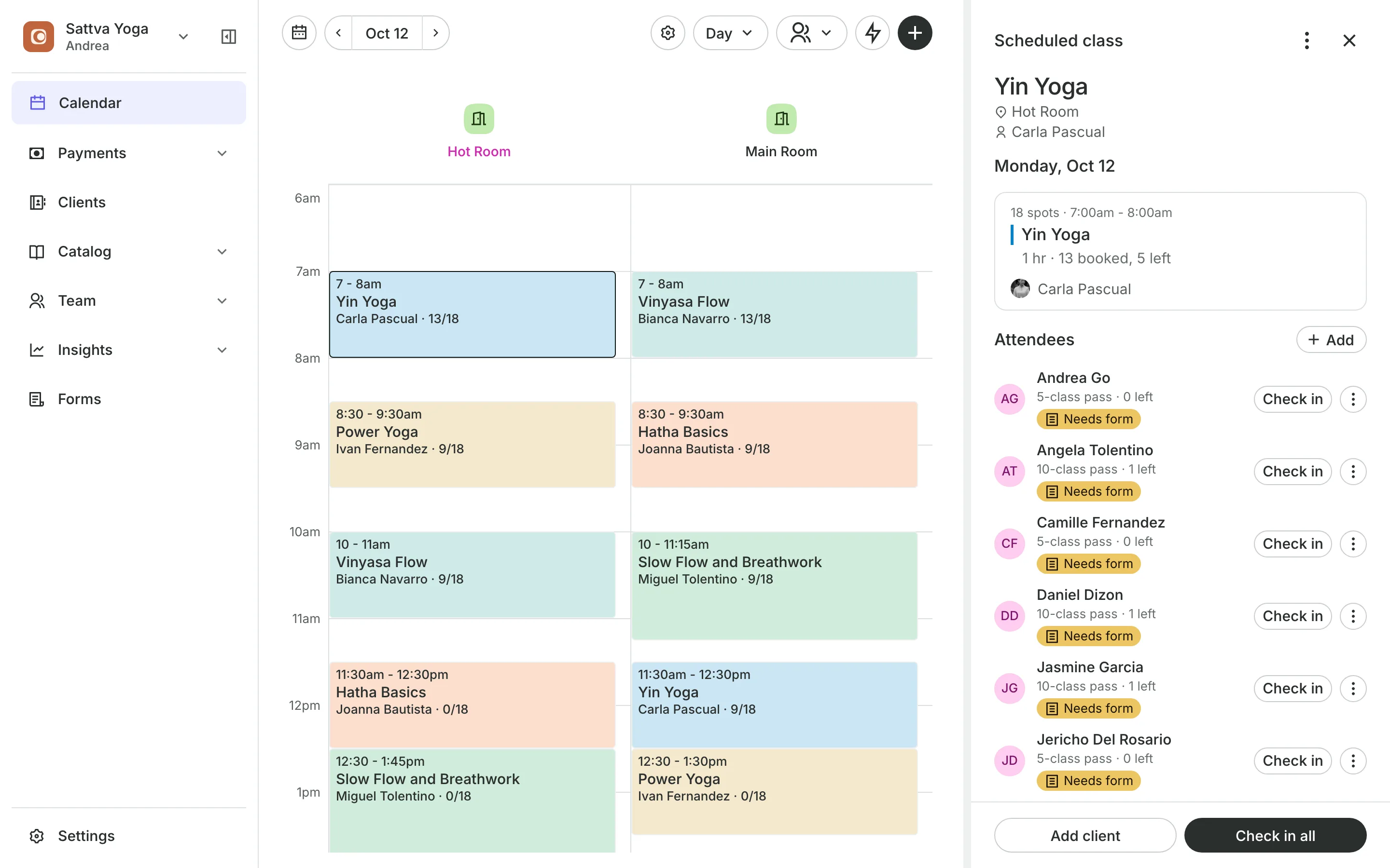A class open from the calendar: who is booked, how each pays, and Check in all