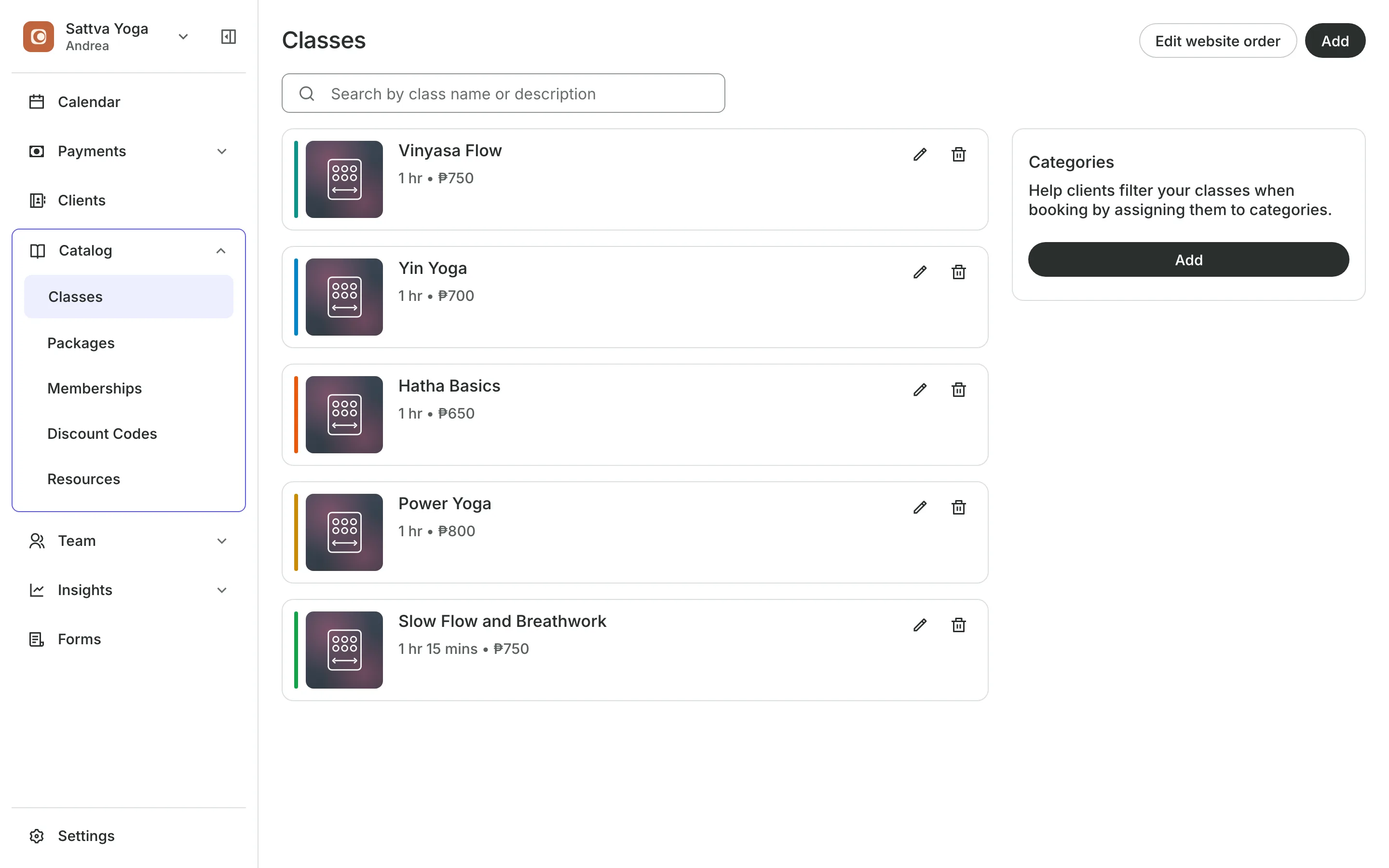The class list with each class's length and price
