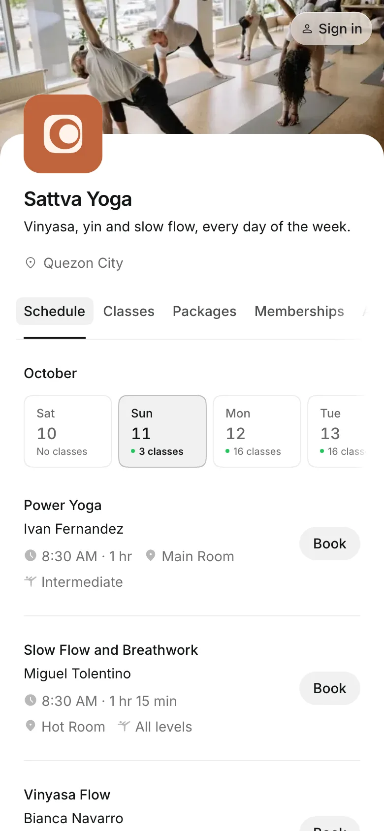 The business's booking page on a phone